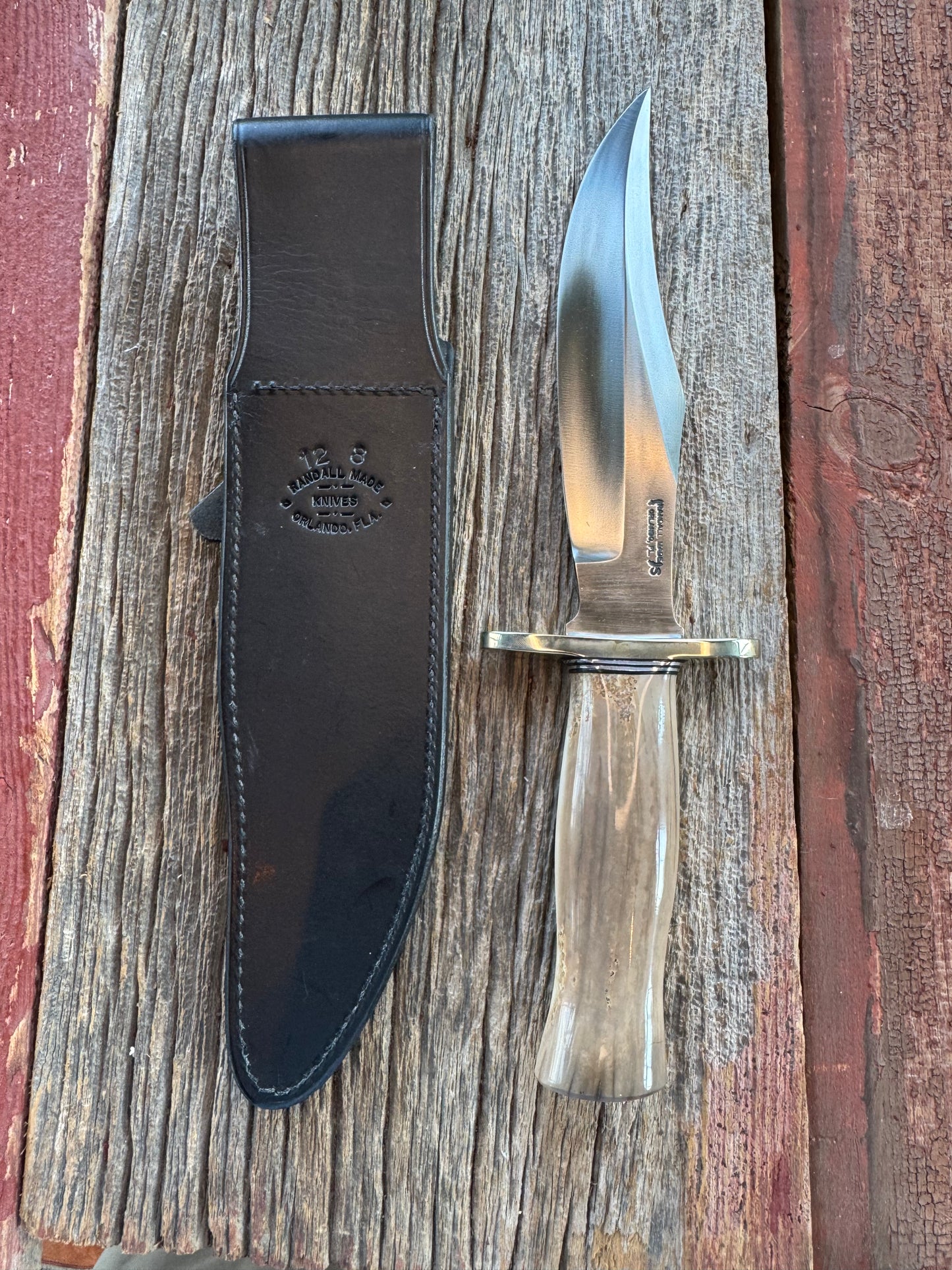 Nice Randall Knife Model 12-8 Big Bear. Gorgeous piece of creamy Fossil Walrus Ivory. ( Creams, greens) Nickel silver hilt and natural end, Stainless steel.