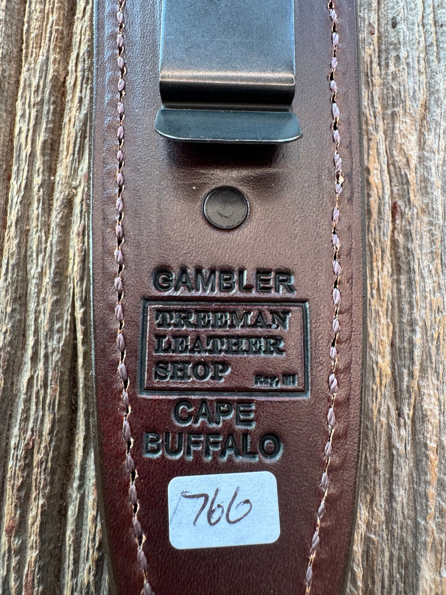Randall Model Gambler 5 Inch Sheath in Exotic Cape Buffalo in Dark Brown Leather from Treeman.