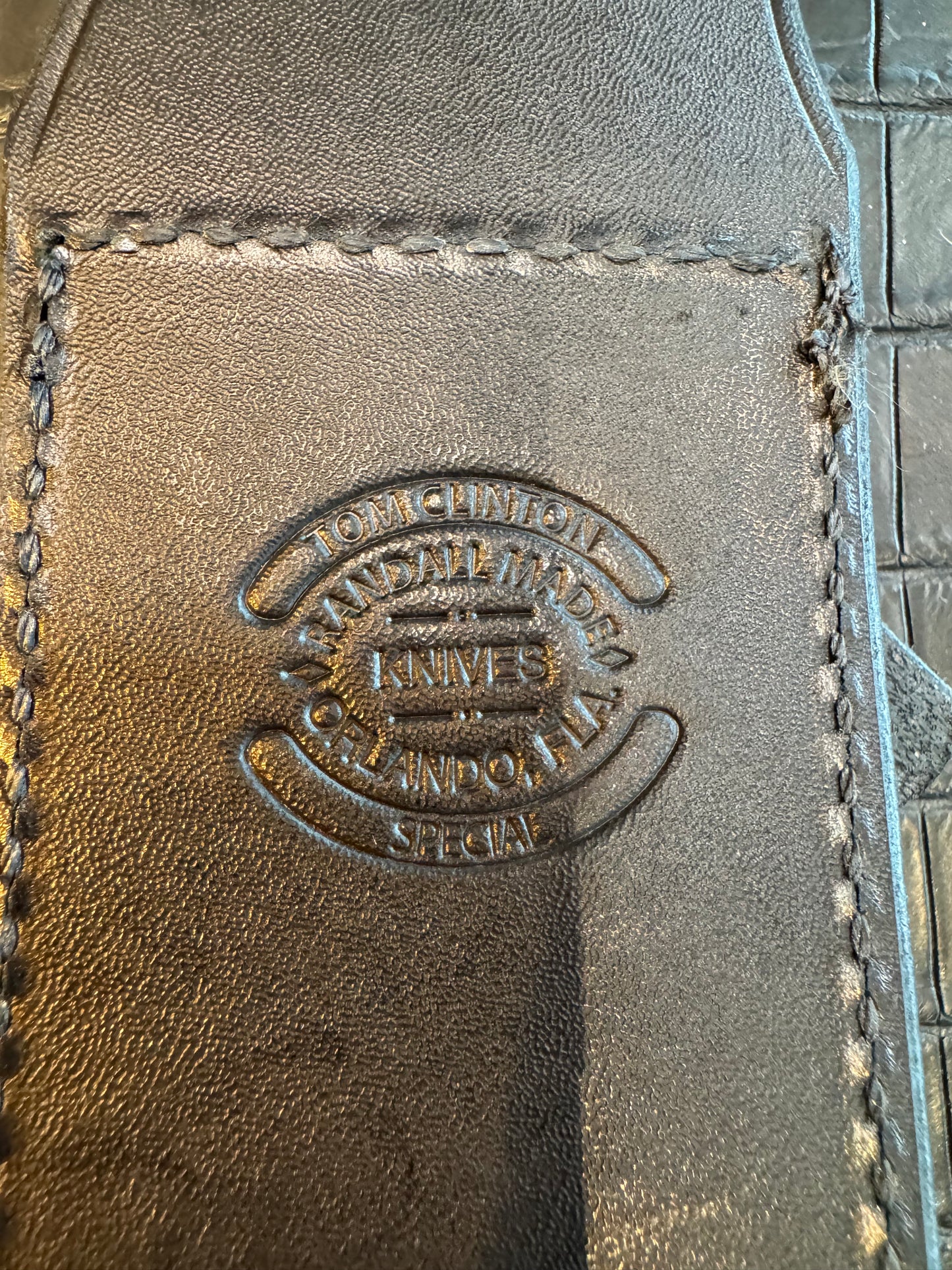 Randall Model Clinton Special Sheath (with Stone) in Black Leather made at Sullivans by Gutcher in Tampa Florida. Official sheath maker for Randall Knives.