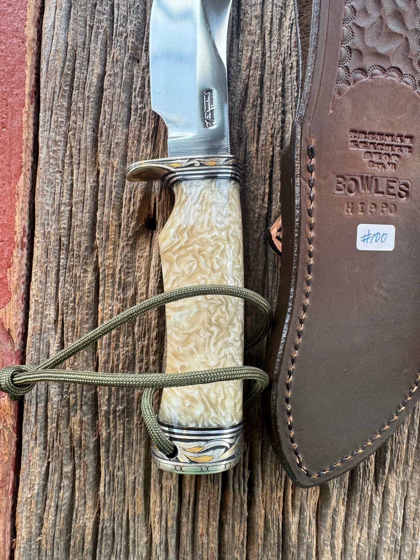 Randall Model Bowles Skinner Dealer Special Knife, perfect Musk Ox. This knife is a one of 4 per Rick Bowles. Beautifully engraved by Jere Davidson and adorned with gold and silver inlays.