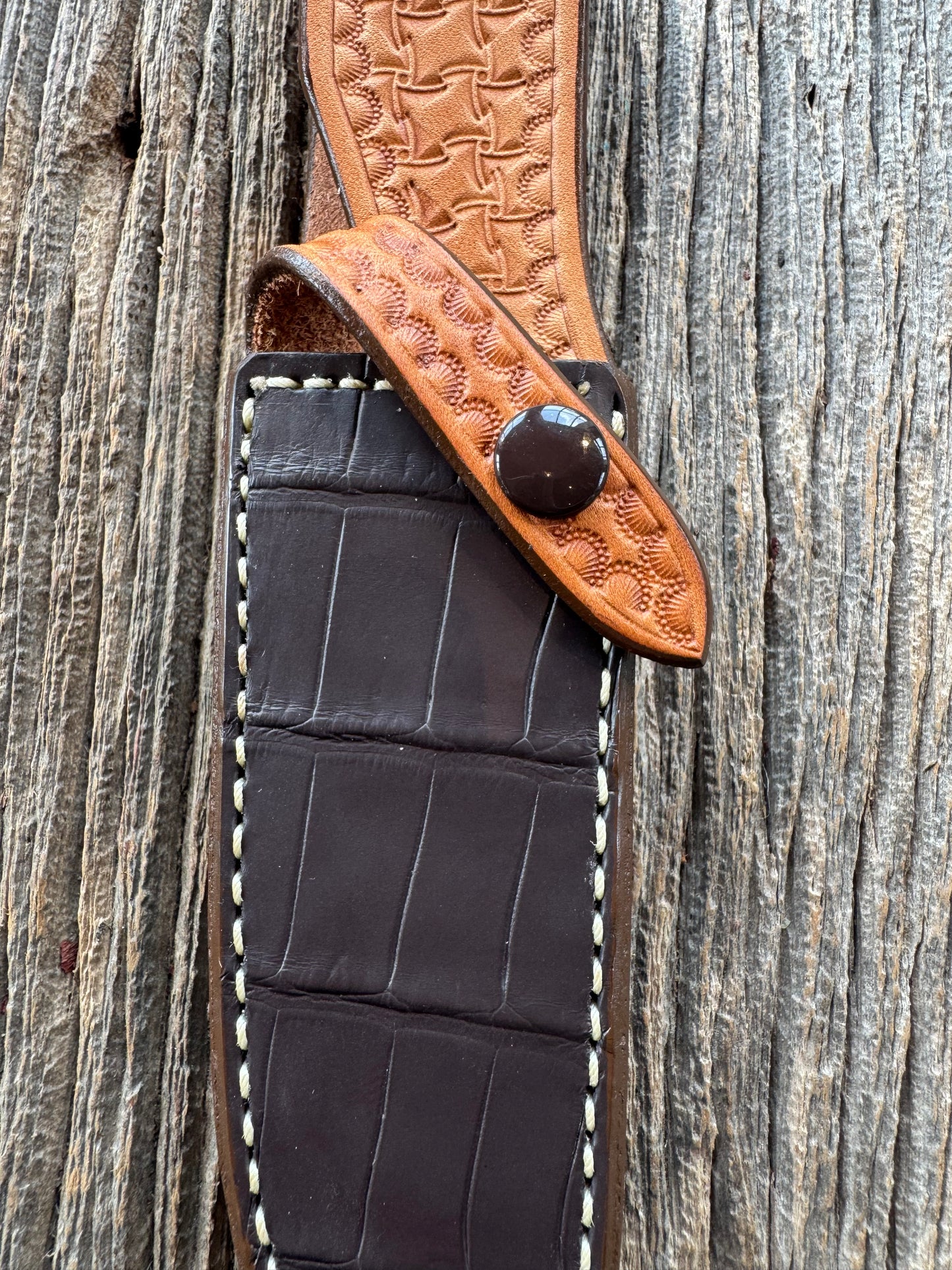 New Randall Model Combat Companion Sheath in Exotic Brown Natural Croc with full leather hand tooled belt loop. Custom Made at Sullivan’s by Gutcher.
