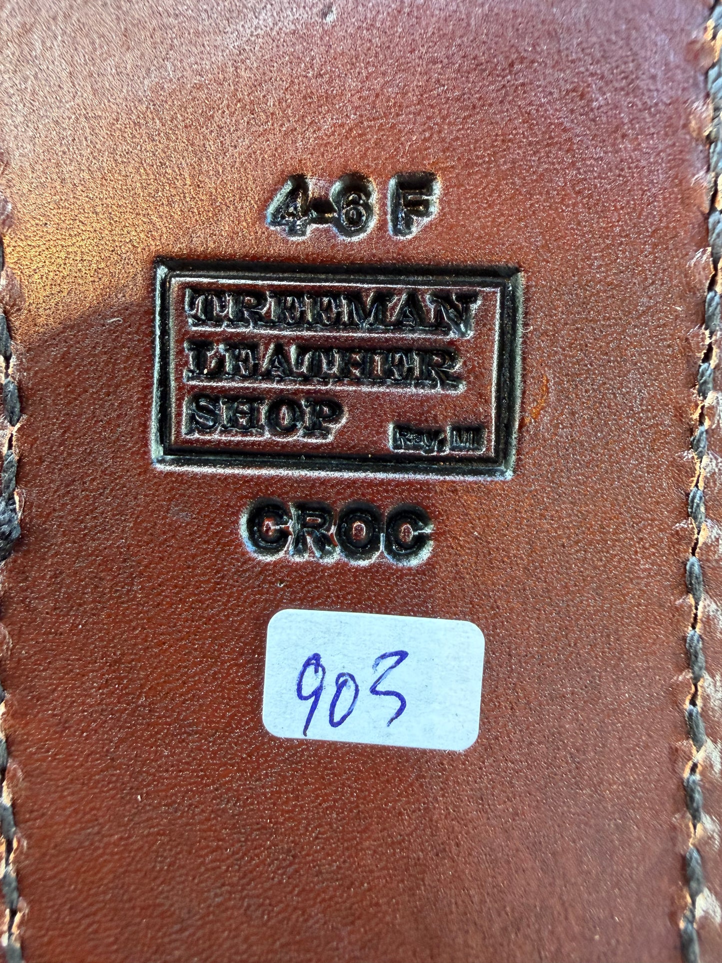 New Randall Model 4-6F Sheath in Exotic Dark Brown Sueded Crocodile from Treeman with the newest Black Canteen snap.