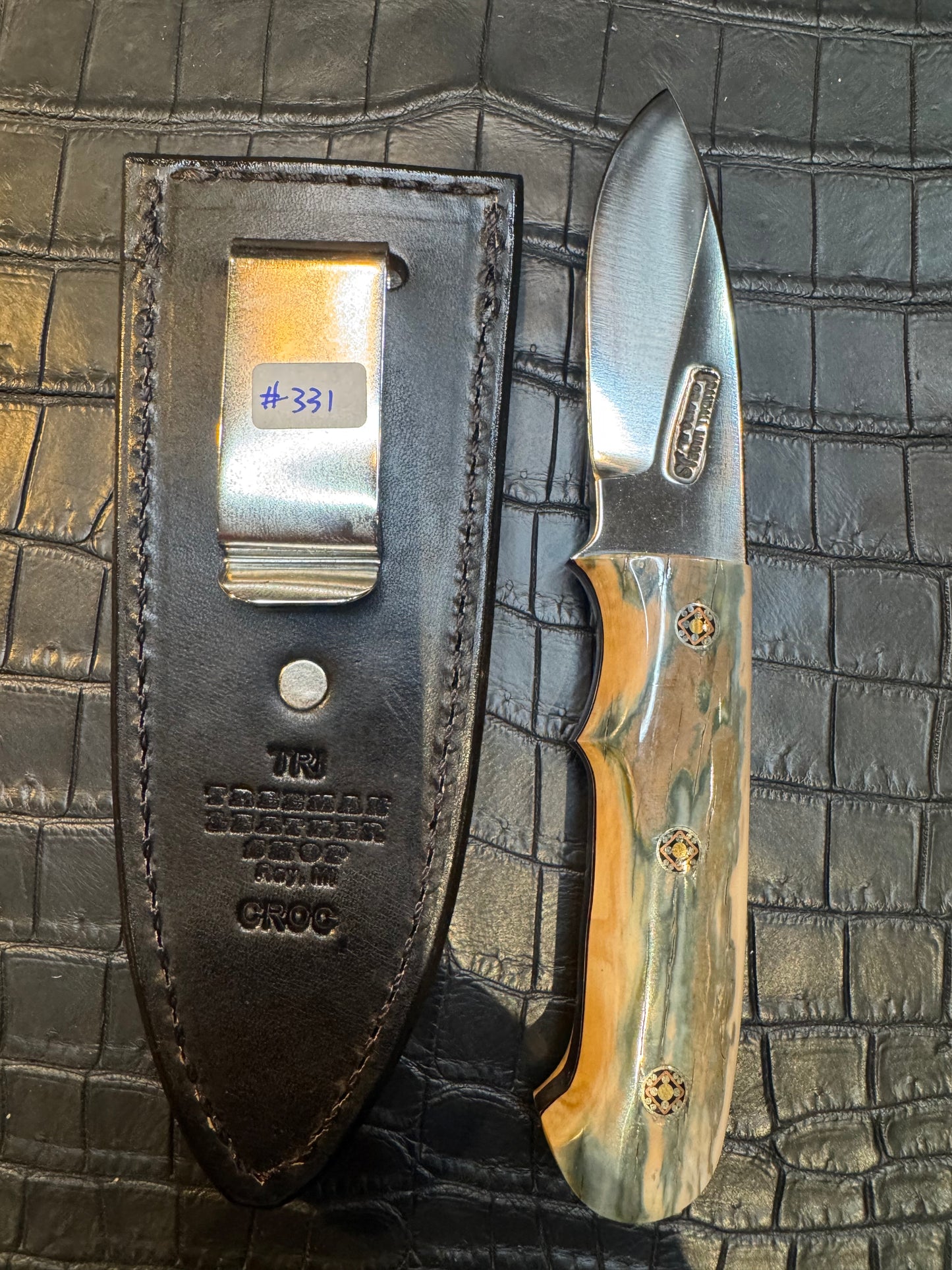 Randall Model Tri Athlete Sheath with Scales Added in Exotic Black Hornback Crocodile by Treeman. (Sheath only)