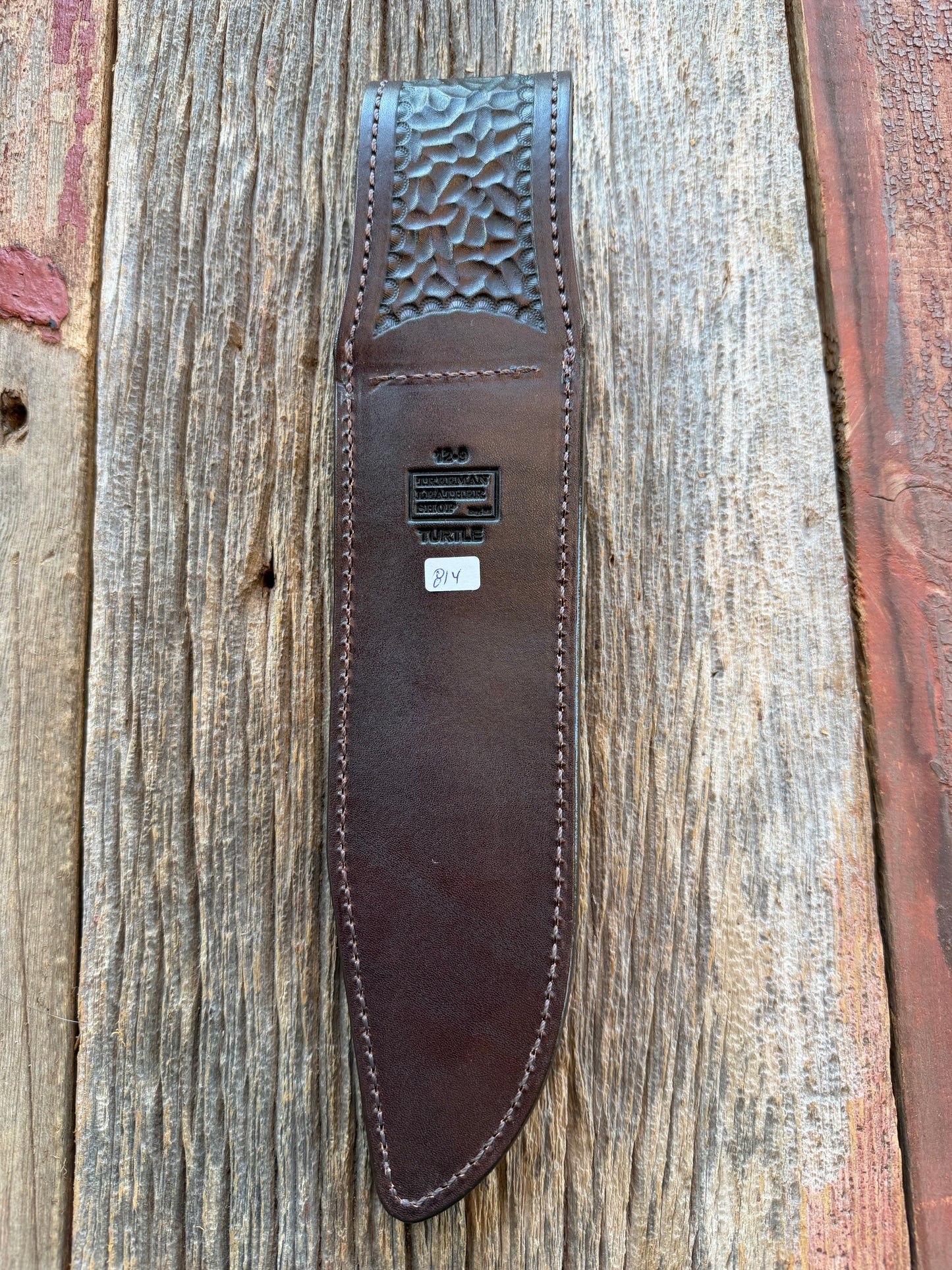 New Randall Model 12-9/14 Grind Sheath in Exotic Brown Snapping Turtle by Treeman. Spiked Dragon tail portion of the turtle.