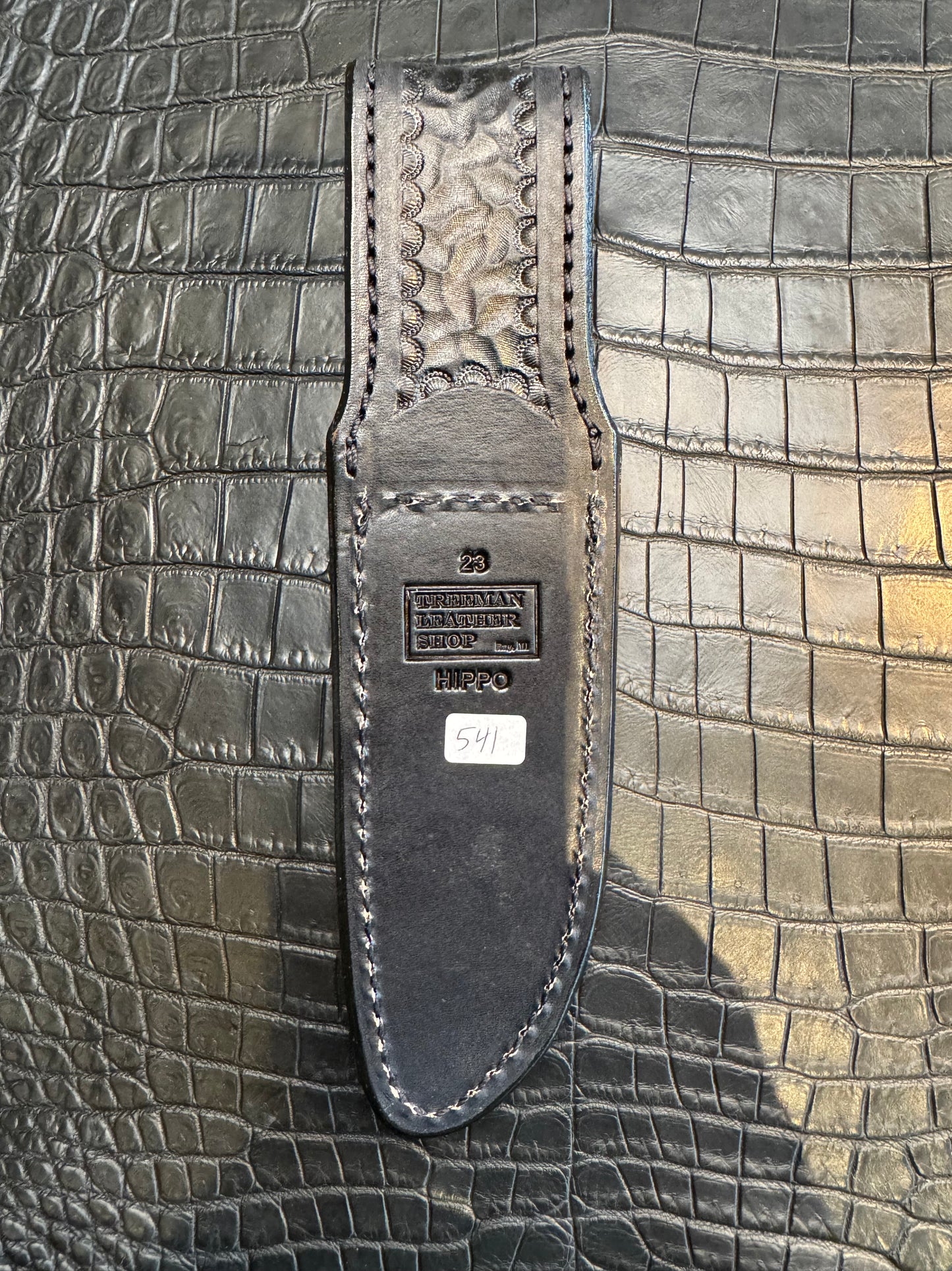 Randall Model 23 in Black Hippo Straight hilt, Canteen Snap, full brass stamping and stitching.