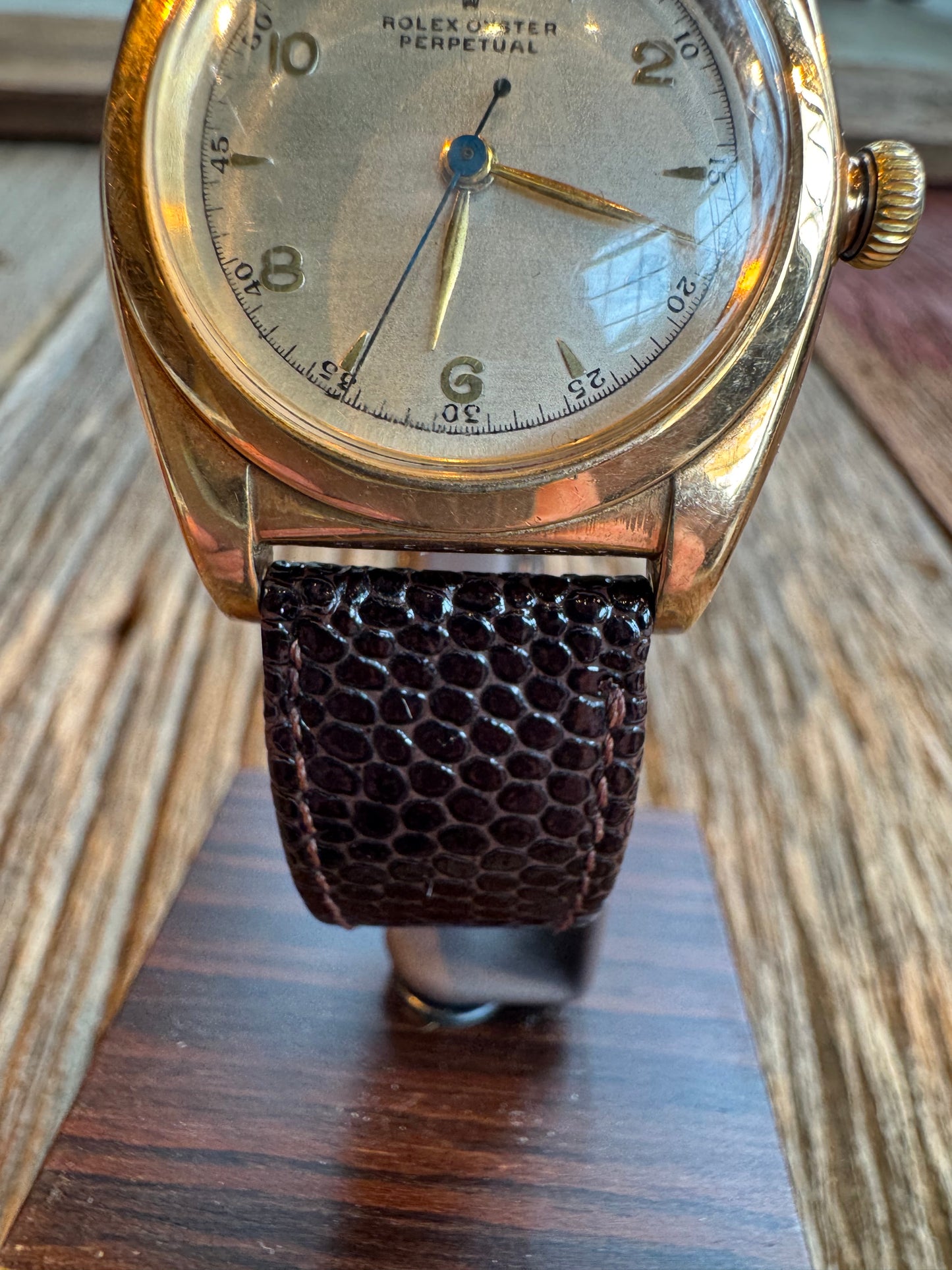 Vintage Rolex Oyster Perpetual Bubble Back circa 1940-1942 Rose Gold case with cream dial. Hirsch Lizard 18mm strap. No box or papers.