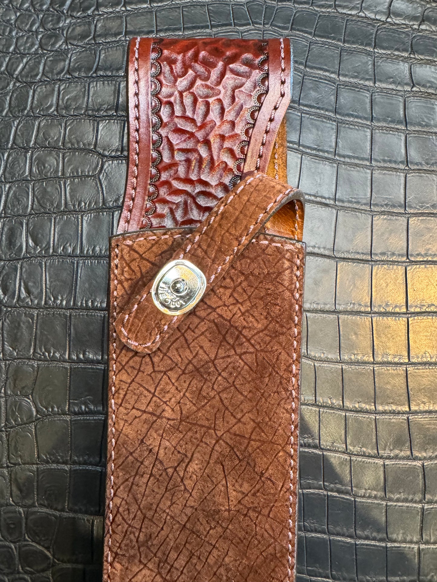 Randall Model 12-11 Smithsonian “Smitty” in Chocolate Hippo, forward curved hilt, Canteen Snap, full brass stamping and stitching.