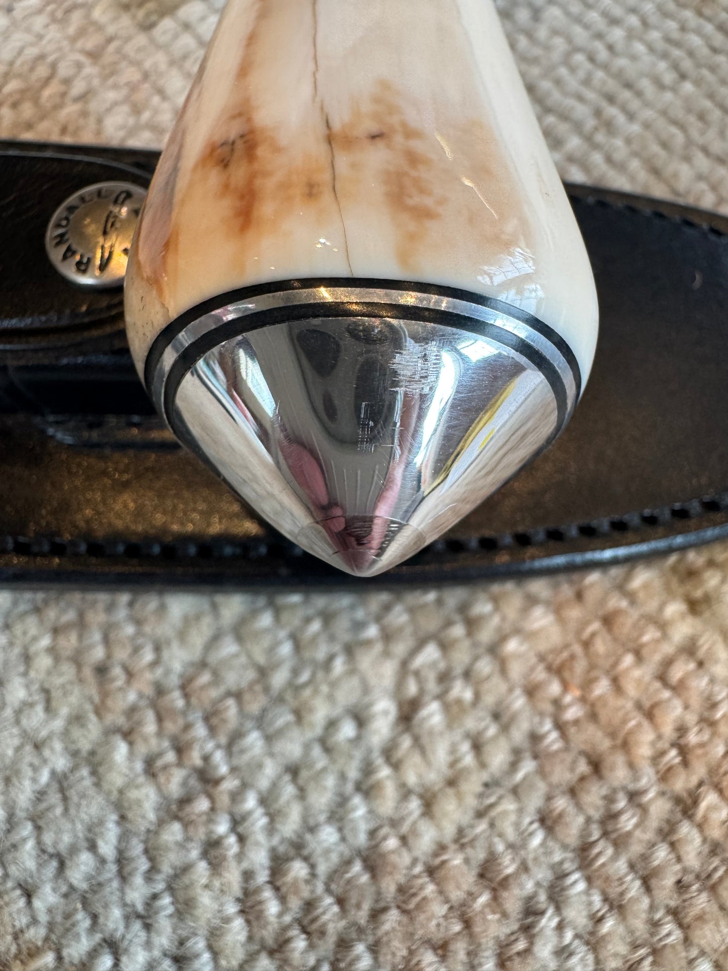 Randall Tom Clinton Dealer Special in a gorgeous piece of Creamy Fossil Walrus Ivory. Nickel Silver Hilt and Aluminum Flanged Butt cap.