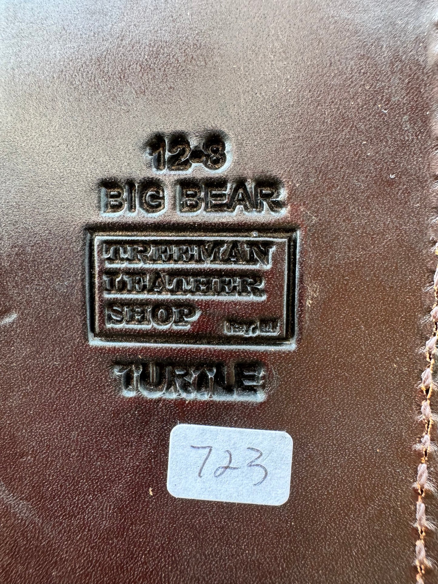 Randall Model 12-8 “Big Bear” Sheath in Exotic Army Green Snapping Turtle by Treeman. Spiked Dragon tail portion of the turtle.