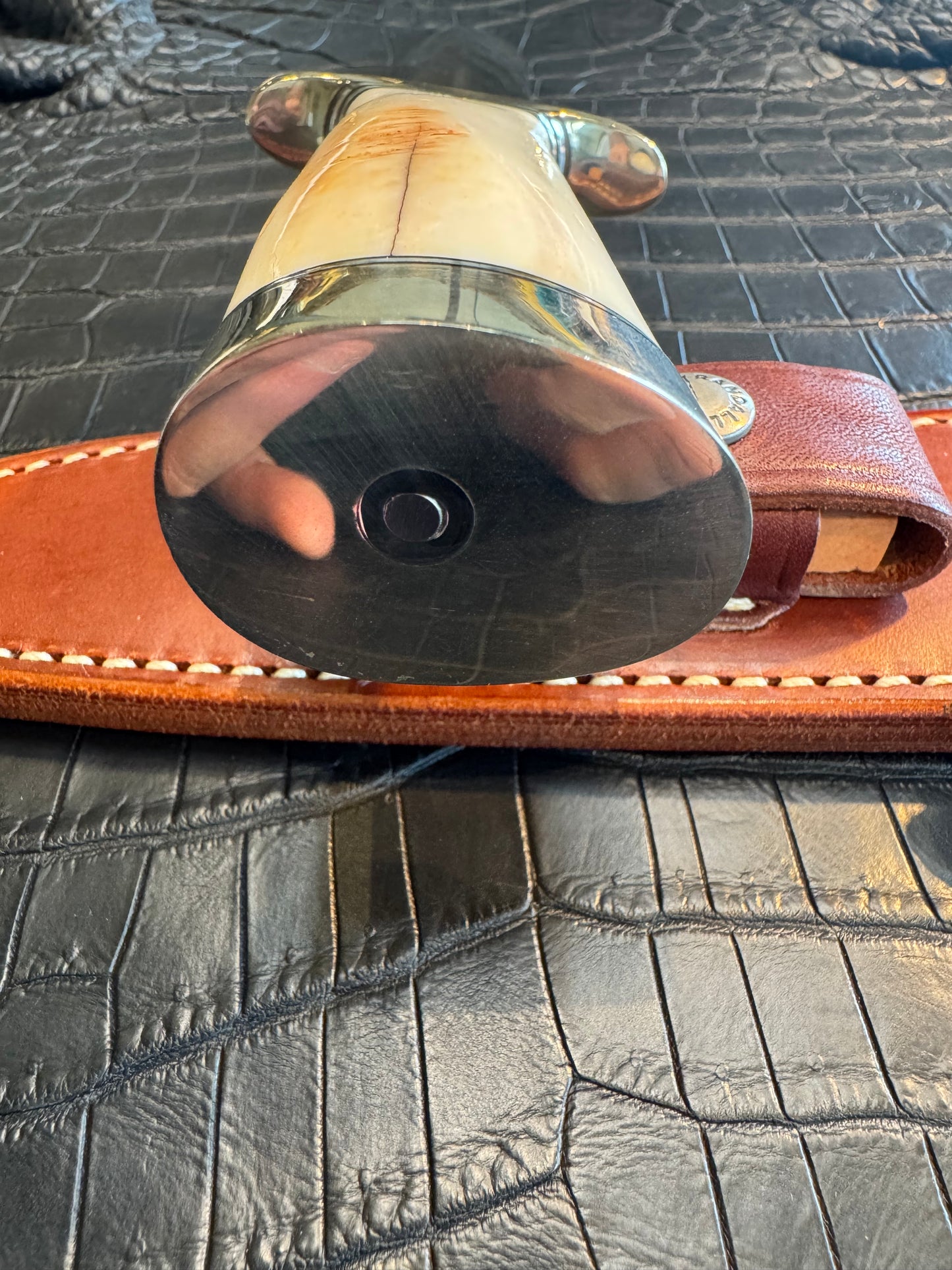 Randall Model 1-7 in a gorgeous beefy piece of Creamy Fossil Walrus Ivory. Nickel Silver Hilt and butt cap.