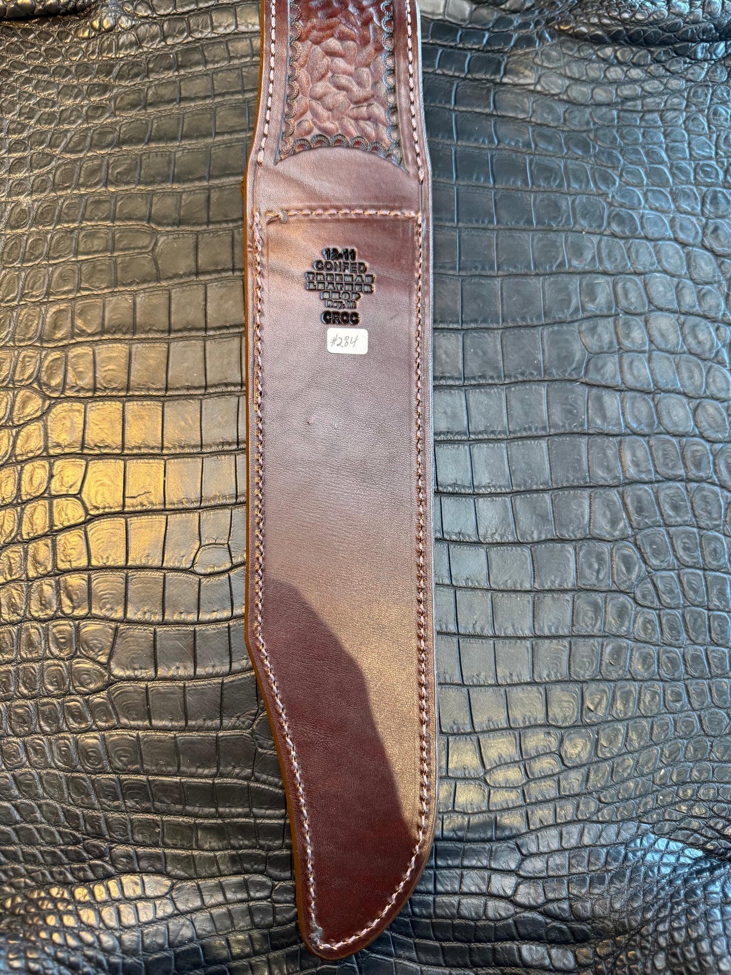 Randall Model 12-11 Confederate Exotic Sheath in Brown Antique Hornback Crocodile by Treeman.
