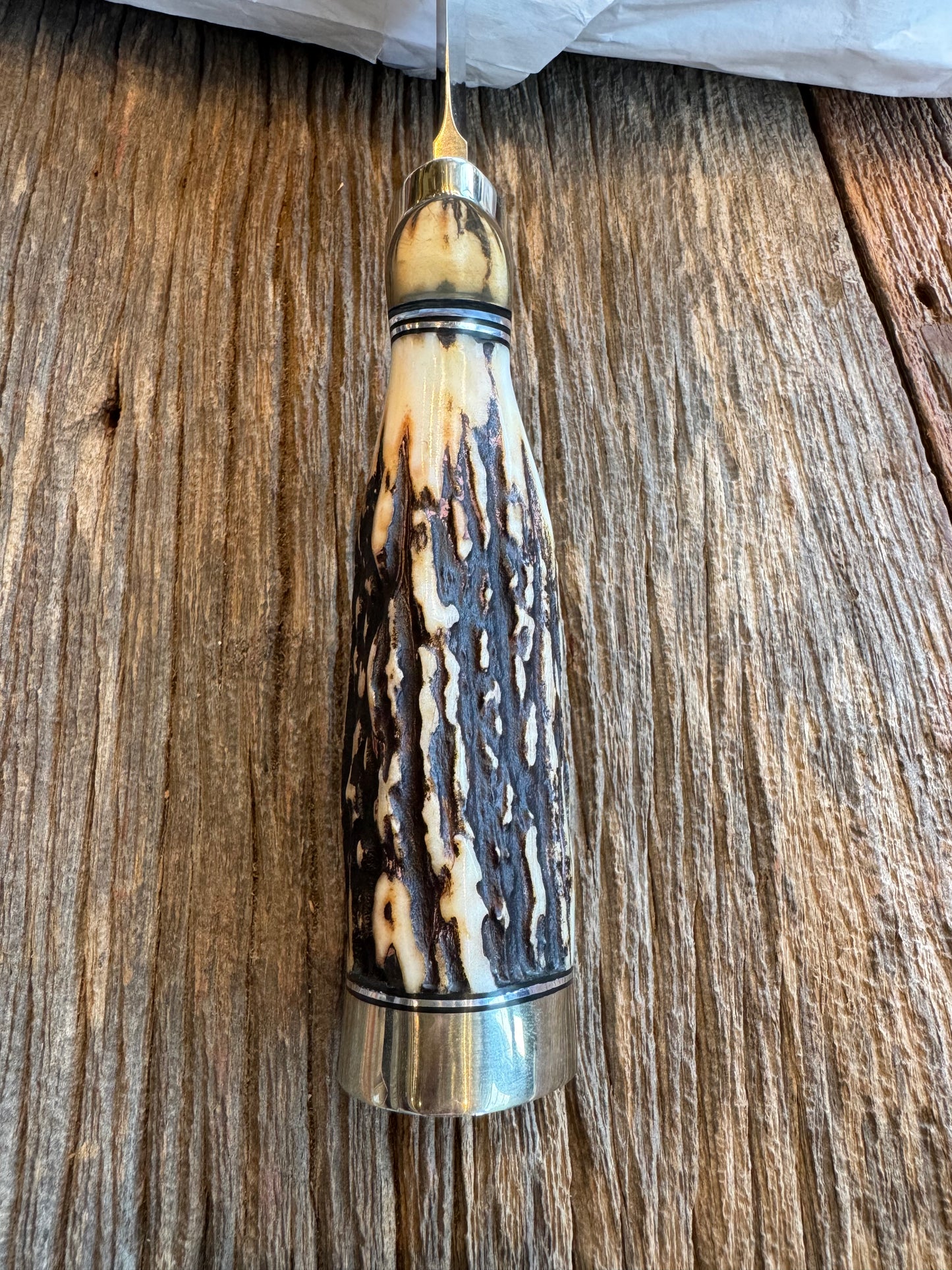 New in paper Randall Knife Model 12-8 “Big Bear” Large piece of Gnarly Popcorn Stag. Nickel silver hilt and butt cap. Stainless steel.