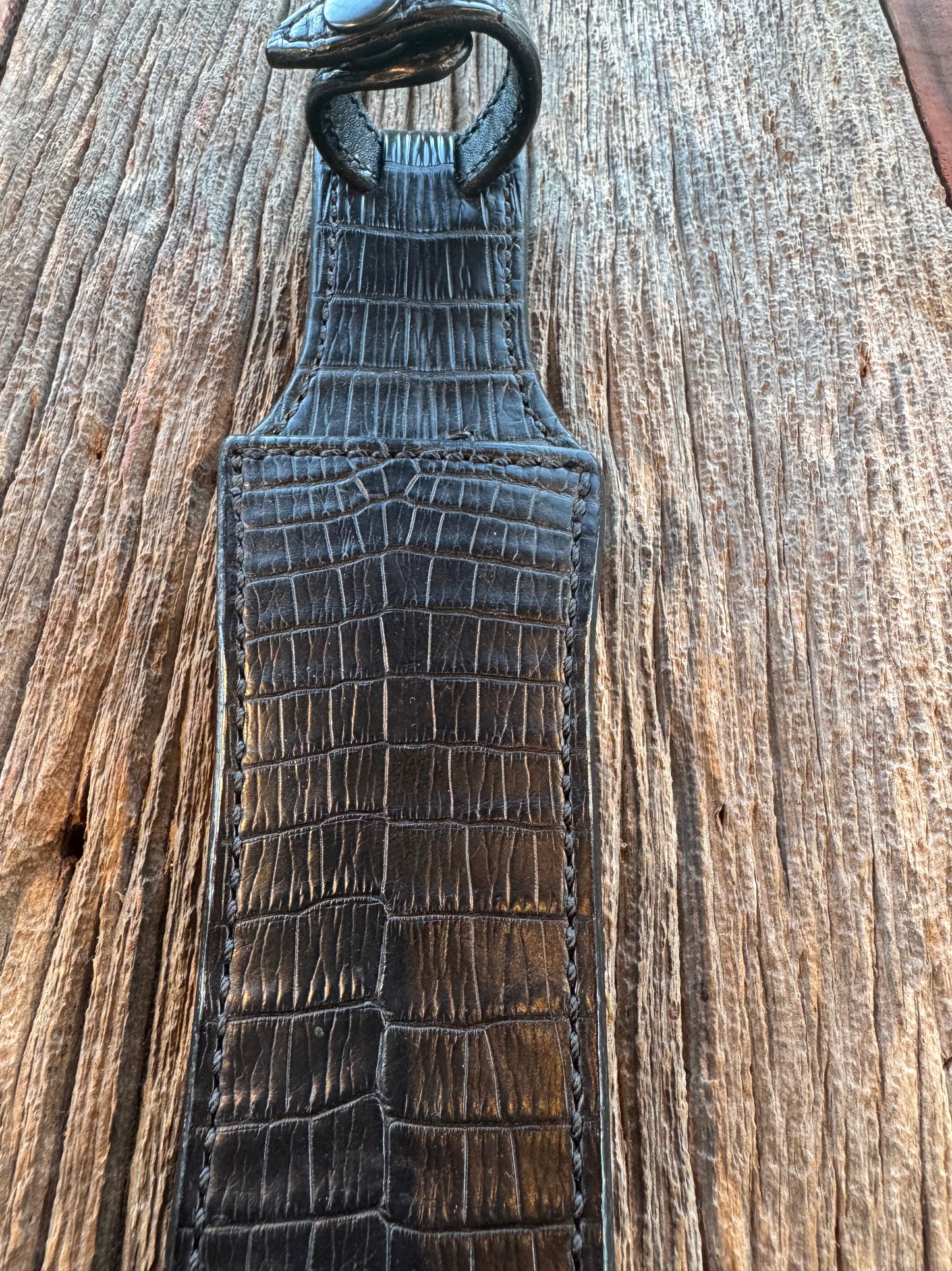 New Randall Model 2-8 Sheath in Exotic Black Natural Croc with full belt loop, back and front and loop in Black Croc( very rare) Custom Made at Sullivan’s by Gutcher.