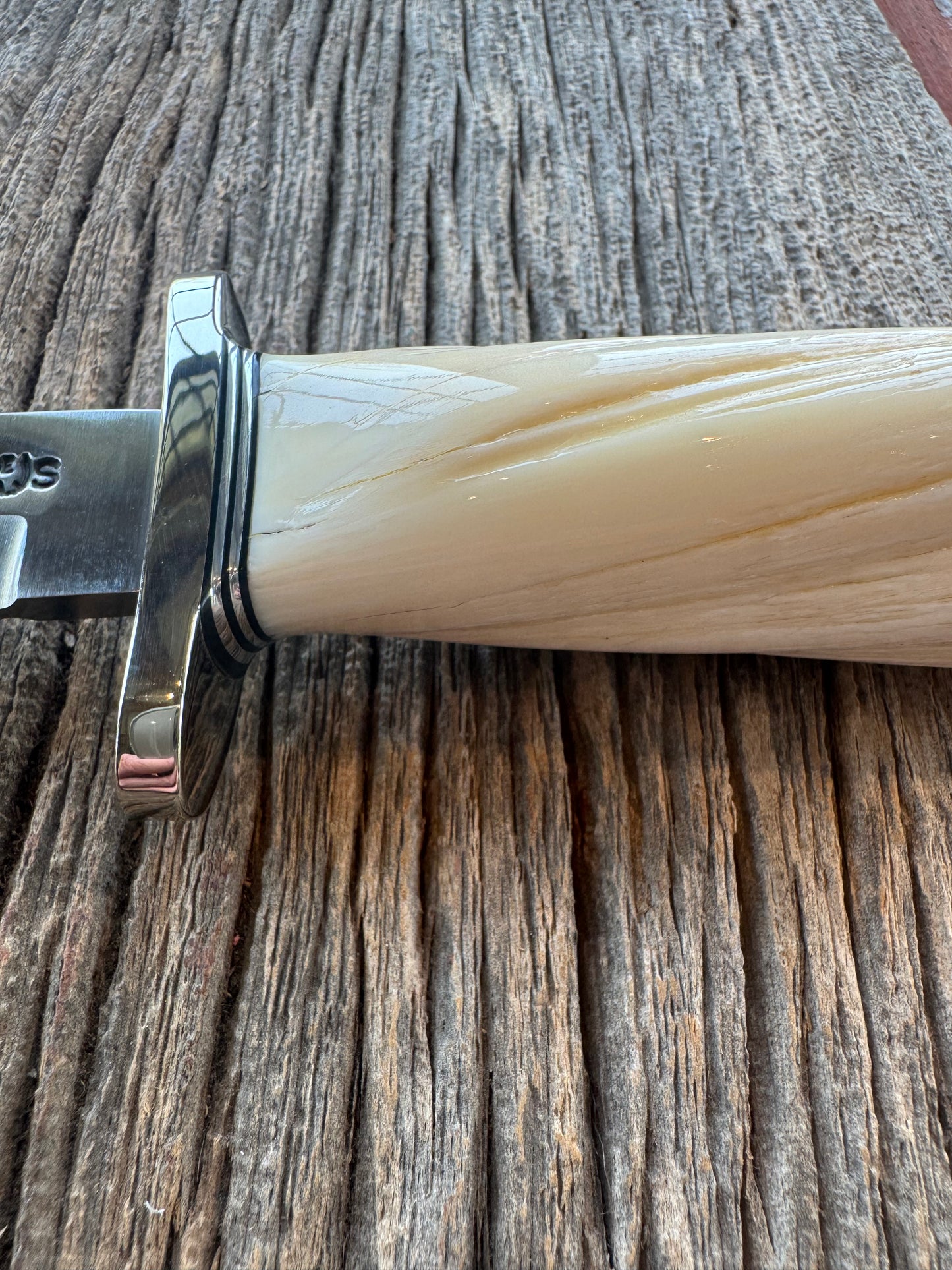 Rare Randall Model Combat Companion in Beautiful Spiraled Narwal, Nickel Silver Hilt and butt cap, black and silver spacers. SS Stunning and rare.