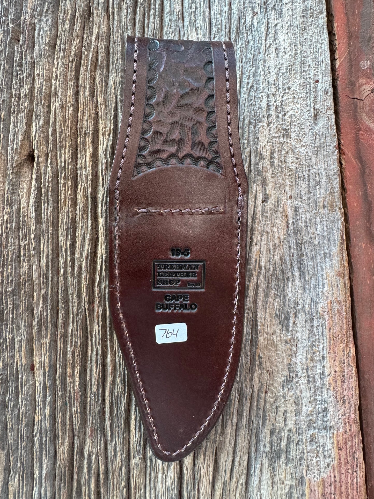 Randall Model 19-5 Exotic Cape Buffalo Sheath in dark brown leather from Treeman.