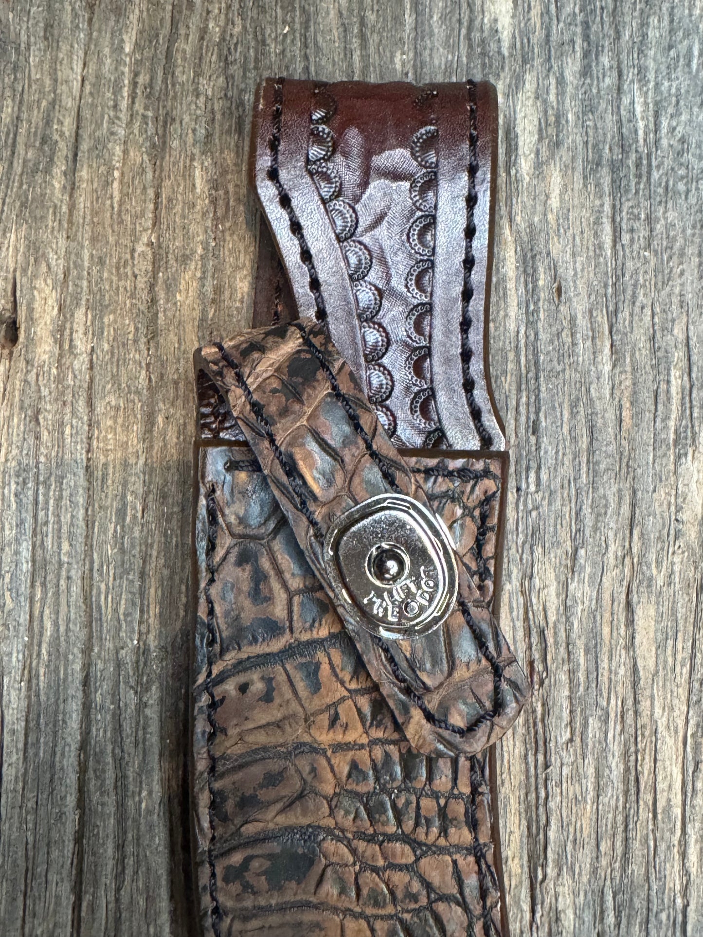 Randall Model 20 Sheath in Exotic Brown Sueded Crocodile from Treeman.