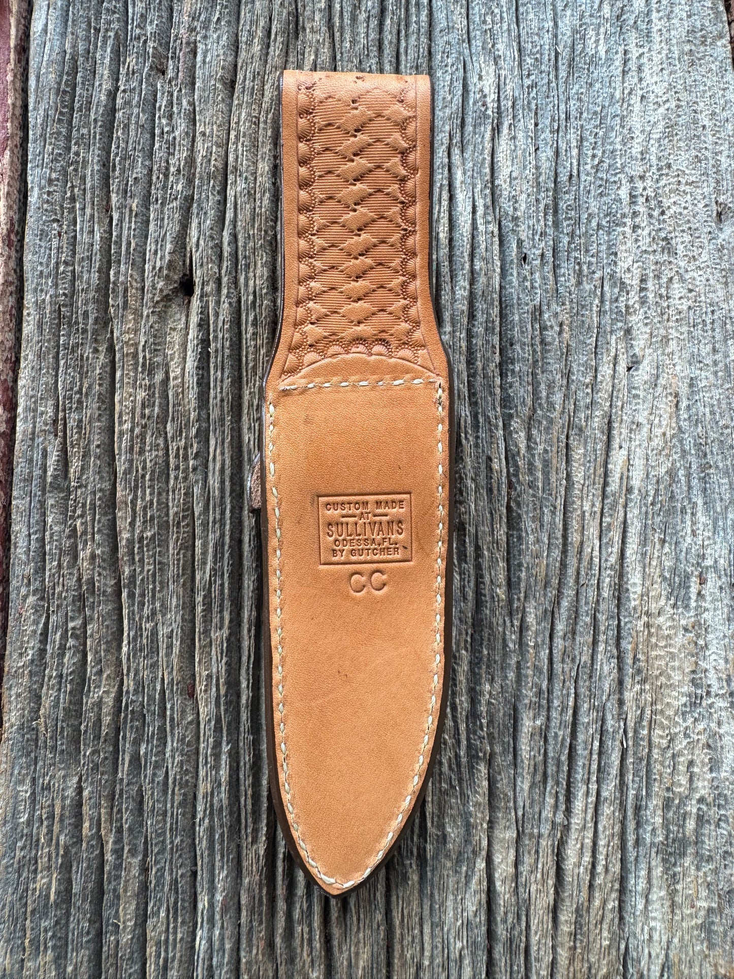 New Randall Model Combat Companion Sheath in Exotic Brown Natural Croc with full leather hand tooled belt loop. Custom Made at Sullivan’s by Gutcher.