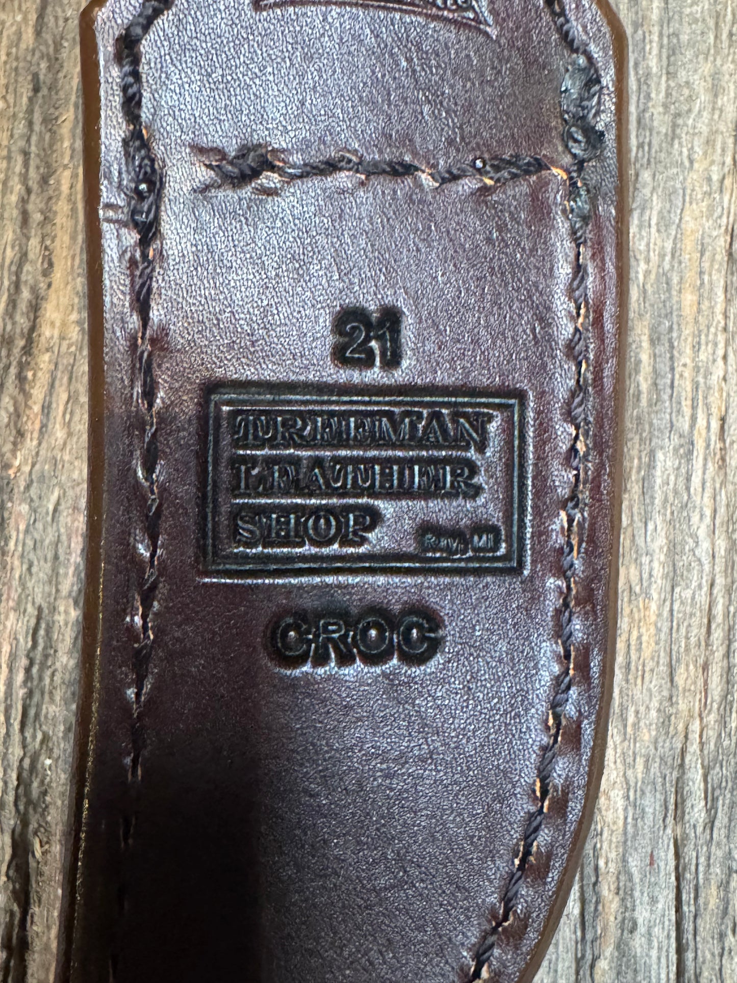 Randall Model 21 Sheath in Exotic Brown Sueded Crocodile from Treeman.