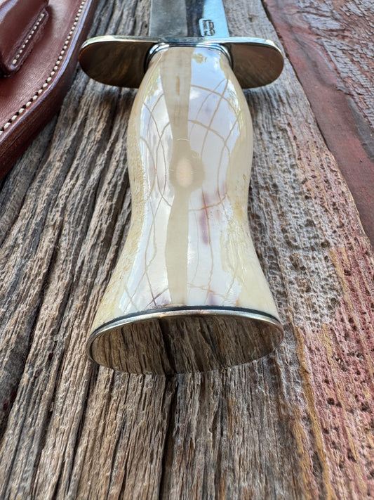 Randall Model 12-9 Clip Point Bowie with a great piece of Creamy Fossil Walrus Ivory Nickel Silver Hilt and Butt plate.