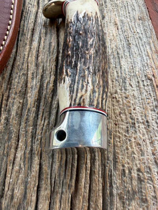 Nice Randall Model 19-4 with a Gnarly Stag. Nickel silver Single Hilt and Aluminum crows beak Butt plate. RWB spacers.