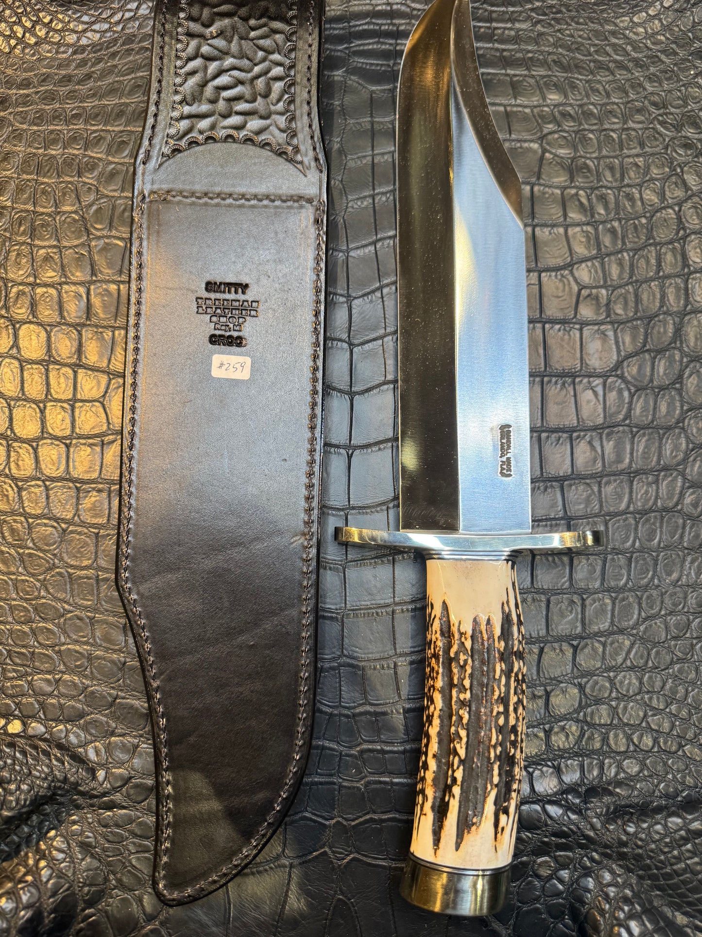 Randall Model Smithsonian “Smitty”Sheath in Exotic Australian Black Hornback ( center of the back) Crocodile skin from Treeman. Sheath only