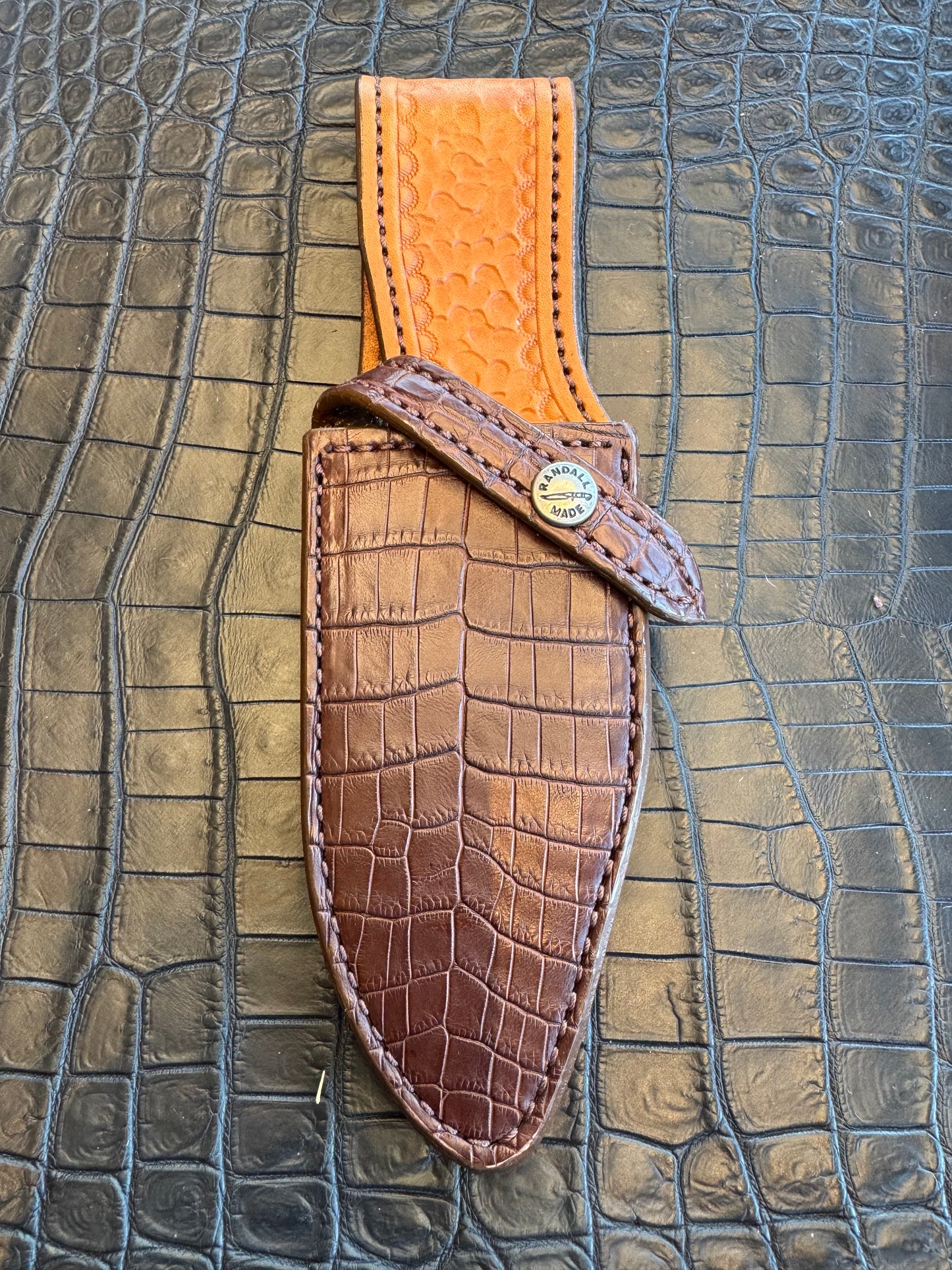Randall Model 19-5 Exotic Brown Crocodile Sheath from Sullivans by Gutcher.