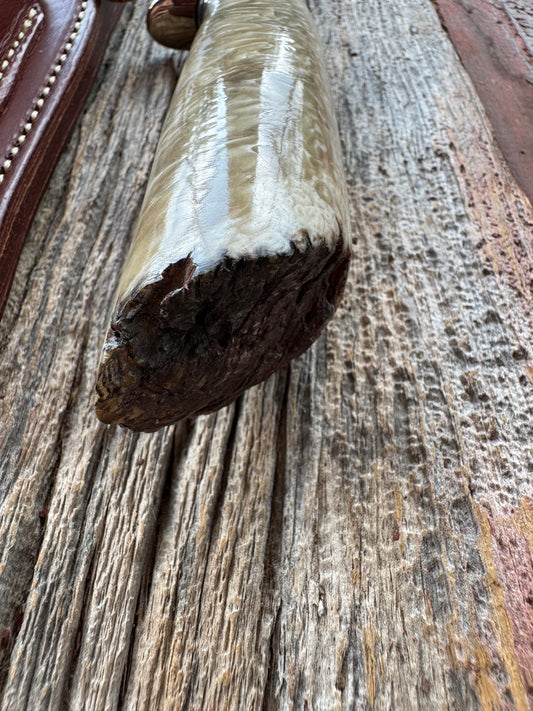 Randall Model 12-6 in Musk Ox. Natural raw end. Nickel Silver Single Hilt and Black and Aluminum spacers, stainless steel blade.