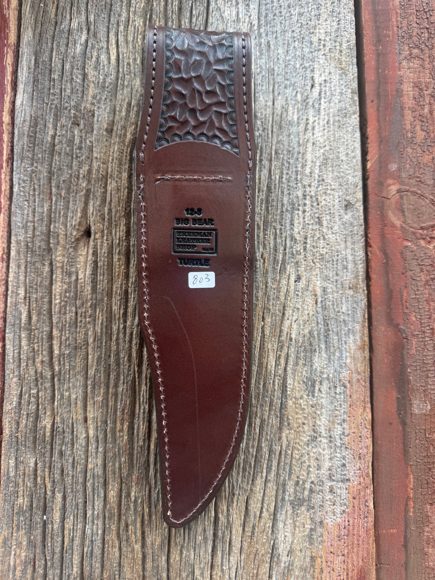 Randall Model 12-8 “Big Bear” Sheath in Exotic Green Snapping Turtle by Treeman. Spiked Dragon tail portion of the turtle.