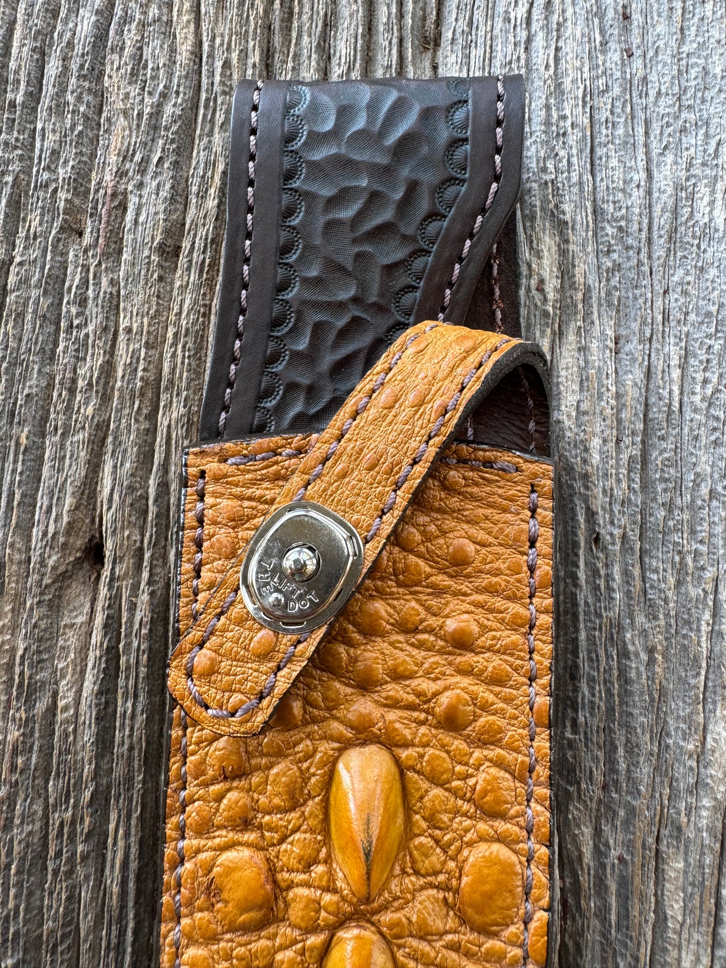 Randall Model 12-8 “Big Bear” Sheath in Exotic Arizona Tan Snapping Turtle by Treeman. Spiked Dragon tail portion of the turtle.