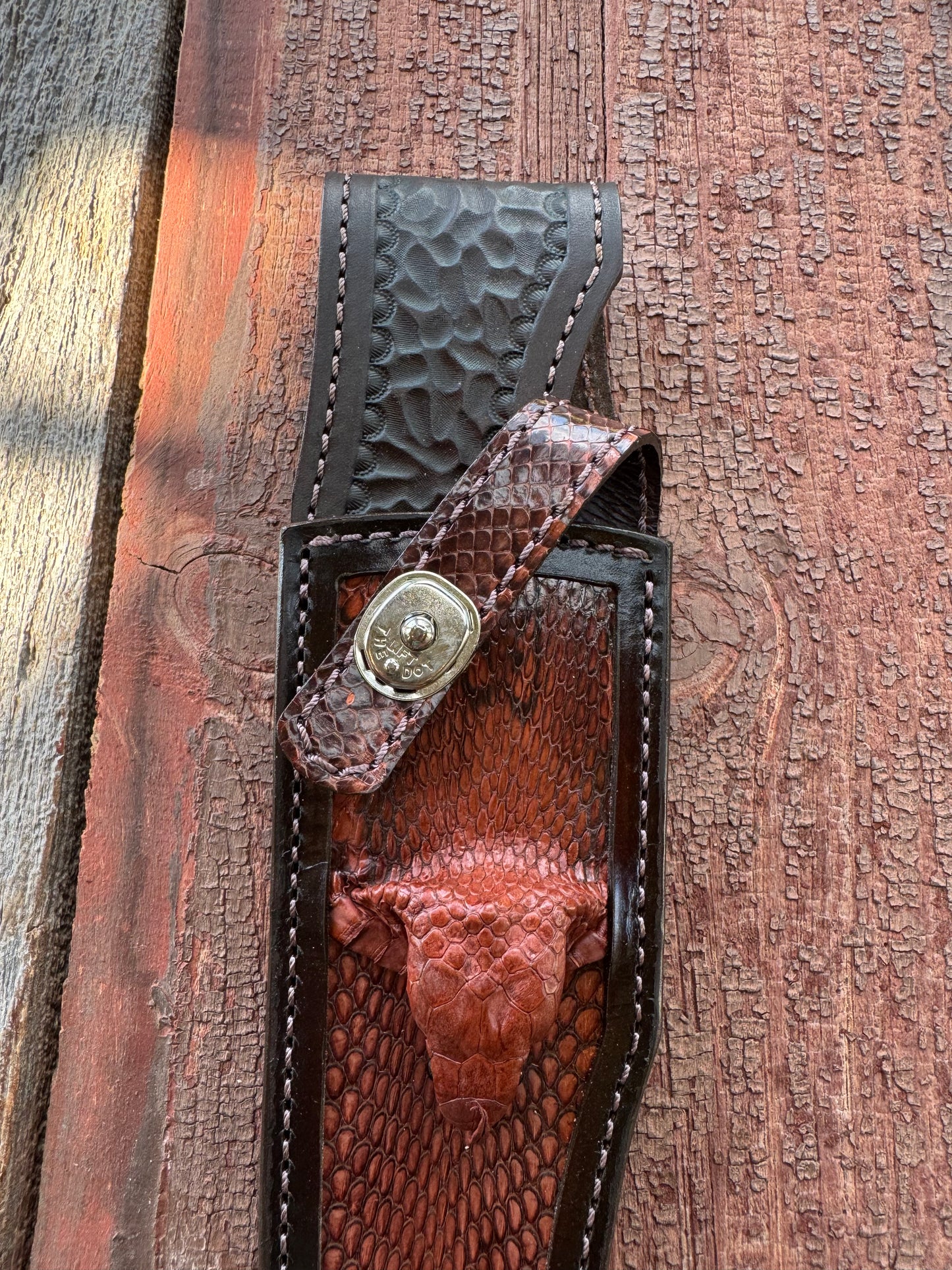 Randall Model 12-8 “Big Bear” Sheath in Exotic Cobra with actual head by Treeman.