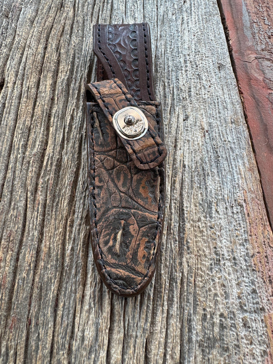 Randall Model 8-4 Sheath in Exotic Brown Sueded Crocodile from Treeman.