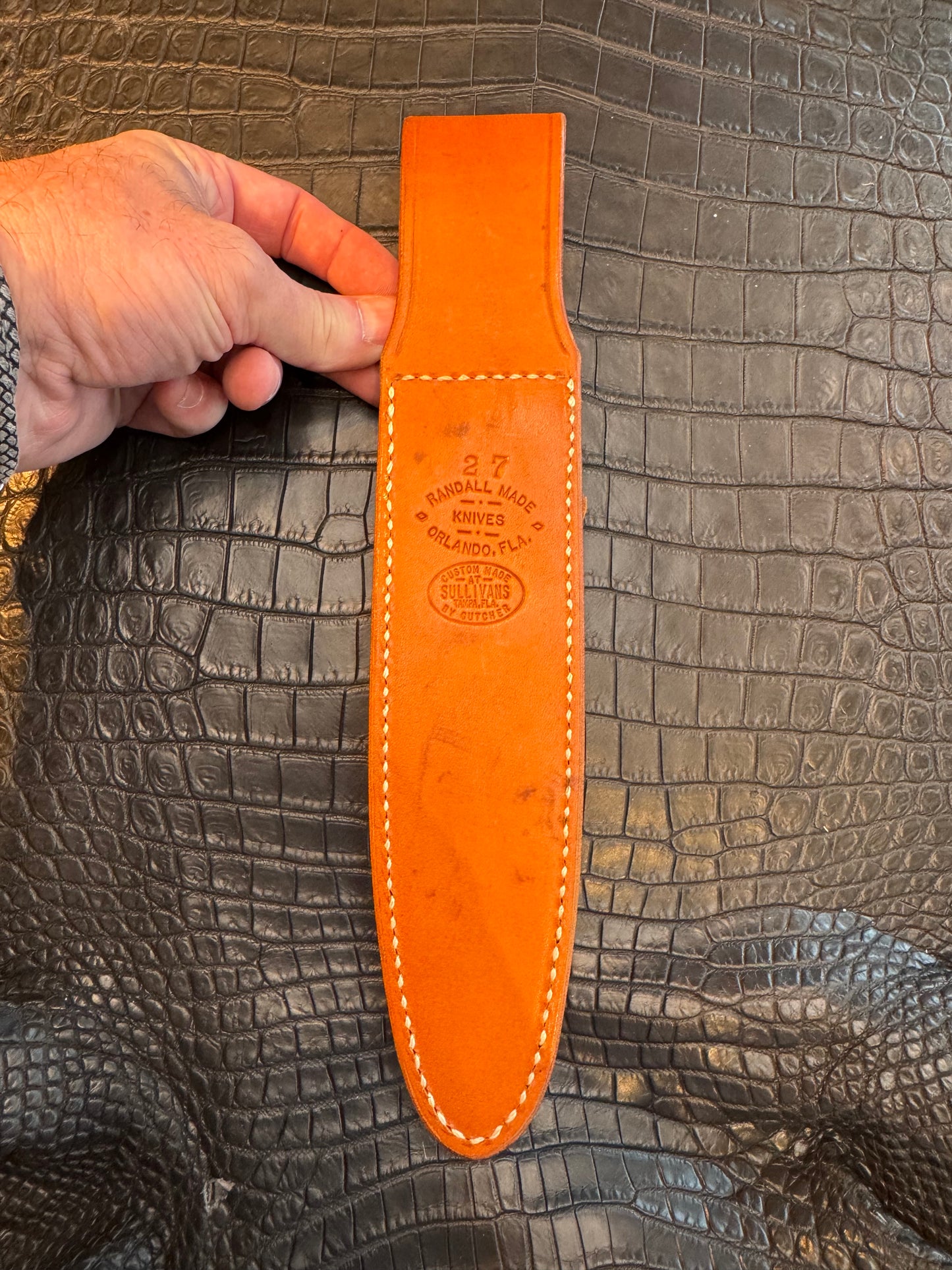 Randall Model 2-7 Sheath (with Stone) in Tan Leather made at Sullivans by Gutcher in Tampa Florida. Official sheath maker for Randall Knives.