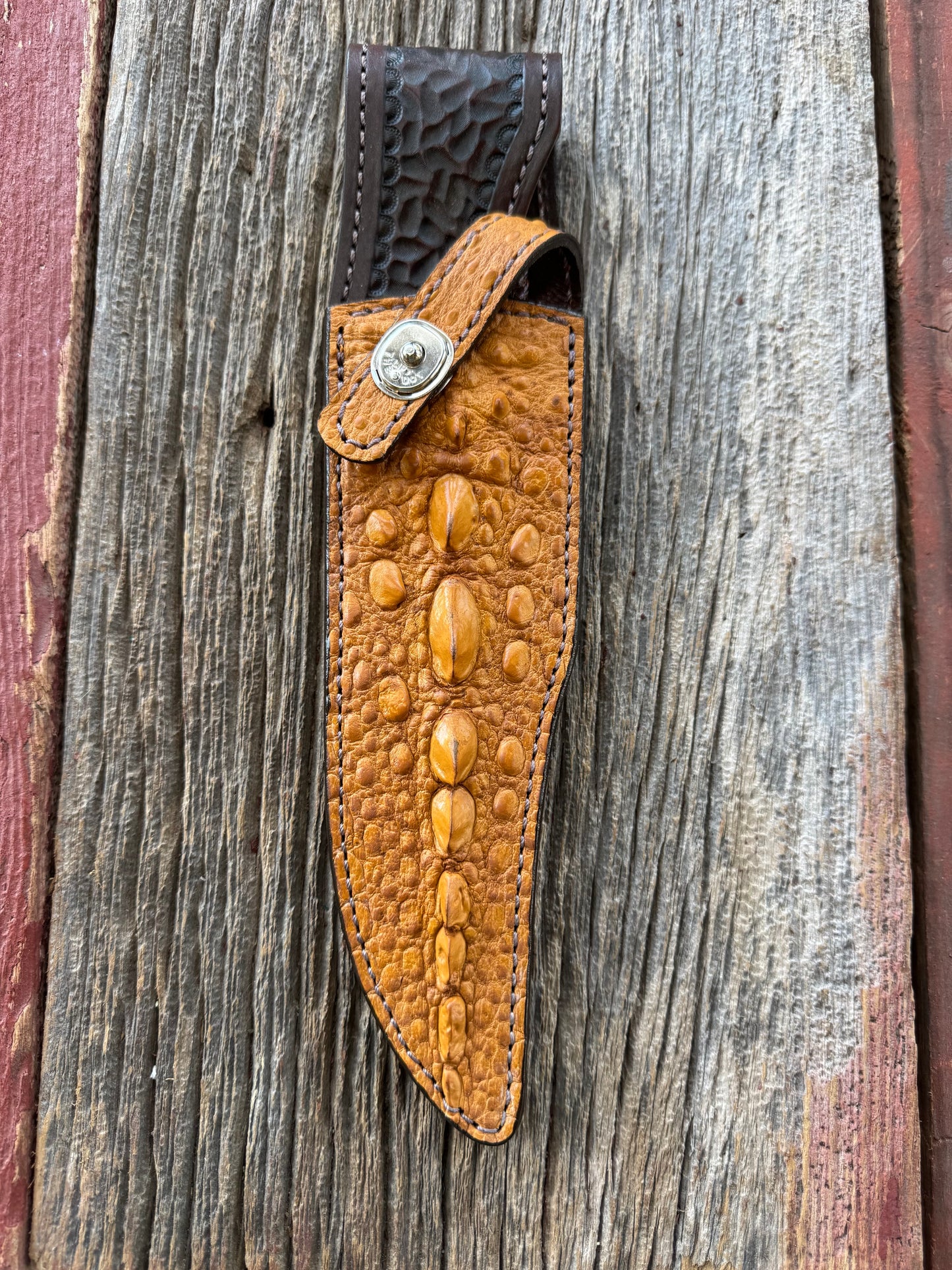 Randall Model 12-8 “Big Bear” Sheath in Exotic Arizona Tan Snapping Turtle by Treeman. Spiked Dragon tail portion of the turtle.