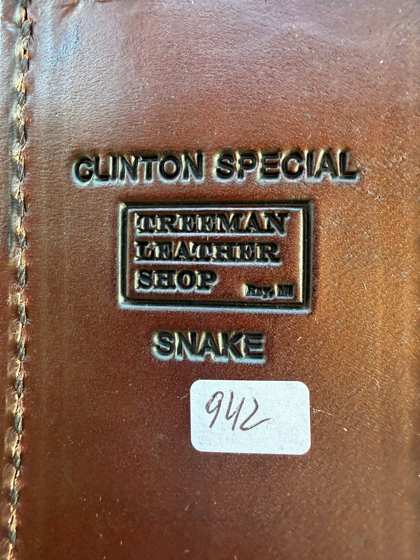New Randall Model Clinton Special Sheath in Exotic Southern Copperhead from Treeman Sheaths. Black Canteen Snap. Stunning colors and pattern. Very rare skin.