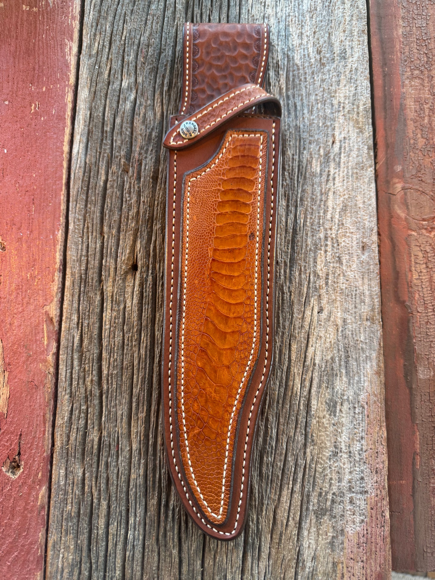 New Randall Model 12-11 Smithsonian “Smitty” Sheath in Exotic Tan Ostrich Leg ( very rare) Custom Made at Sullivan’s by Gutcher.