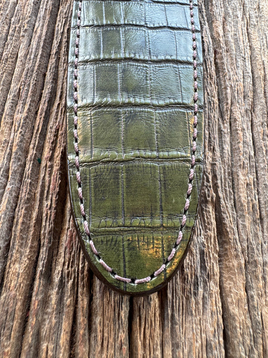 Randall Model 2-8 Sheath in Exotic Army Green Crocodile Anus from Treeman.