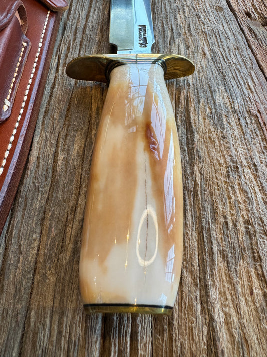 Randall Knife Model 1-8 Creamy Fossil Walrus Handle. From the Jim Gates Collection via Rick Bowles. Stainless Steel, Brass Hilt and butt plate.