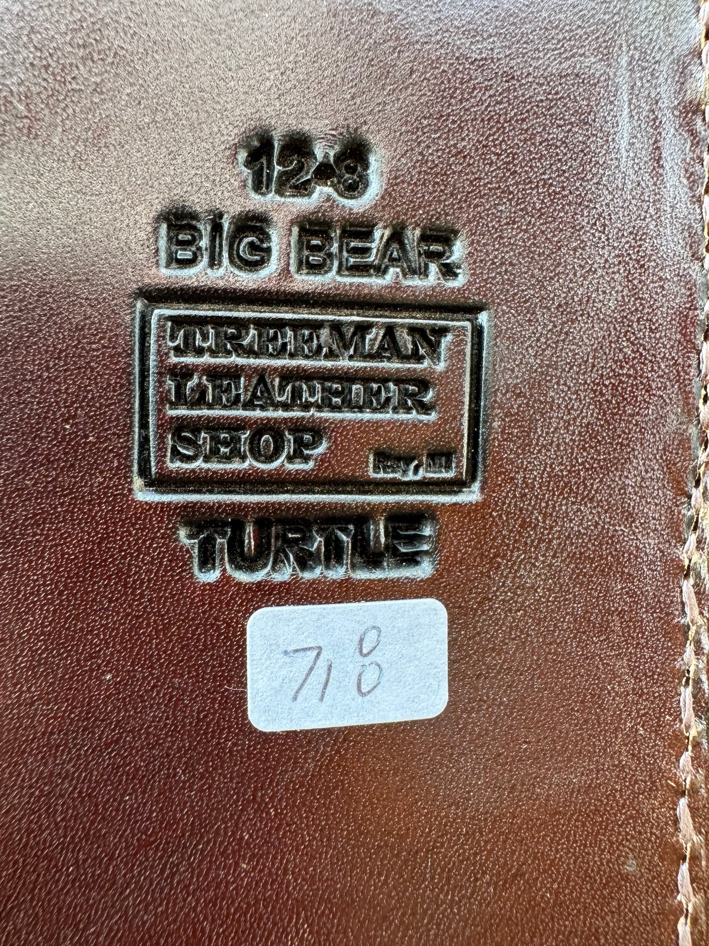 Randall Model 12-8 “Big Bear” Sheath in Exotic Dark Brown Snapping Turtle by Treeman. Spiked Dragon tail portion of the turtle.