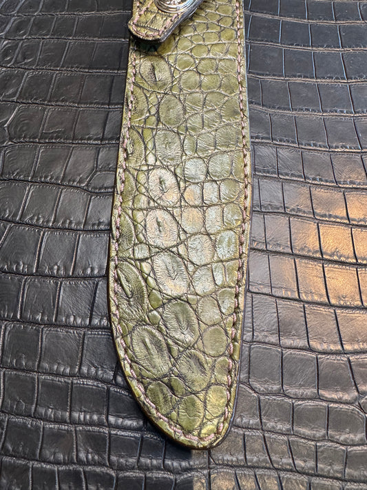 Randall Model 1-8 in Army Green Crocodile. Straight hilt, Canteen Snap, full brass stamping and stitching.