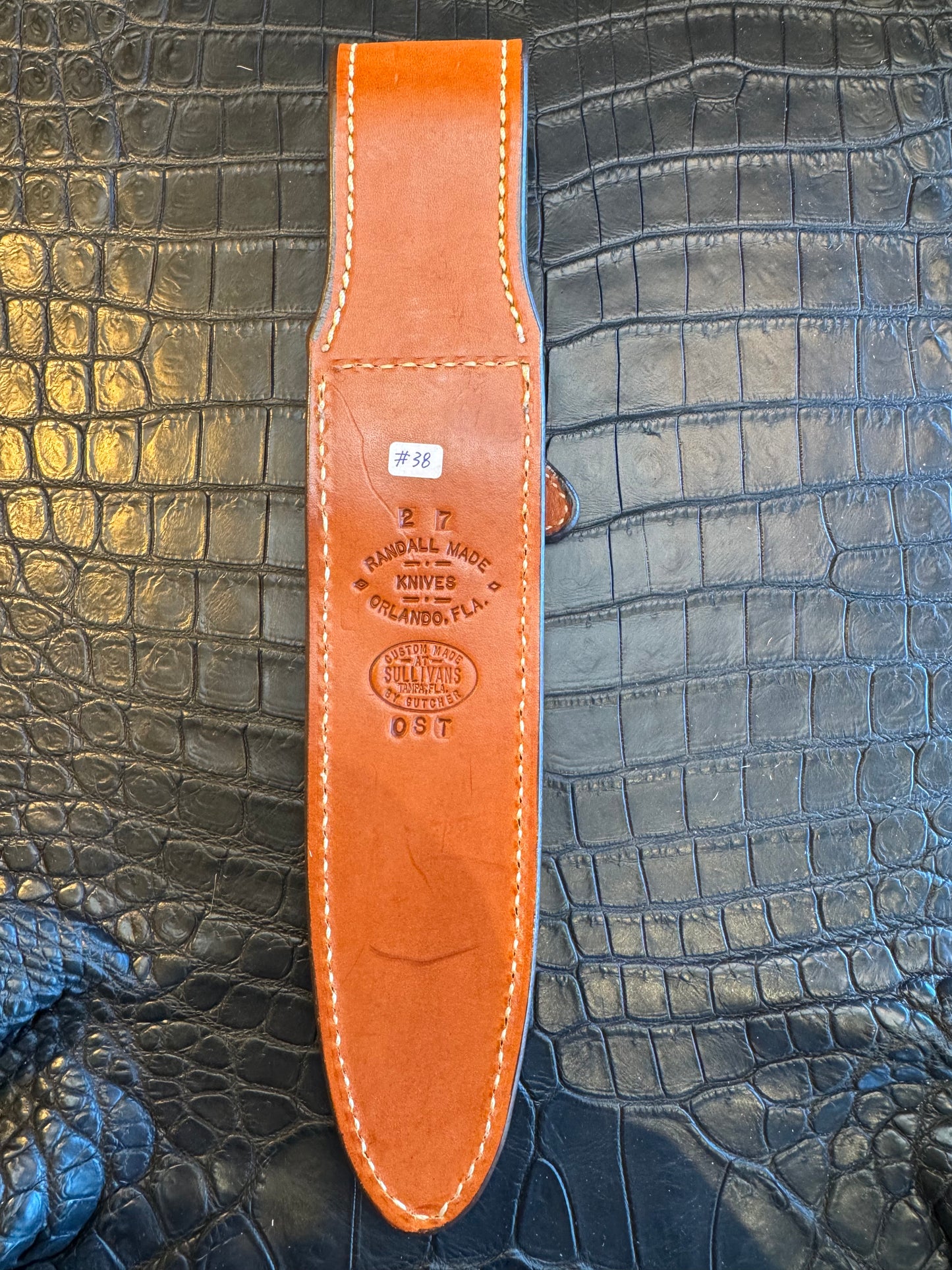 Randall Model 2-7 Exotic Tan Ostrich skin Sheath from Sullivans by Gutcher.