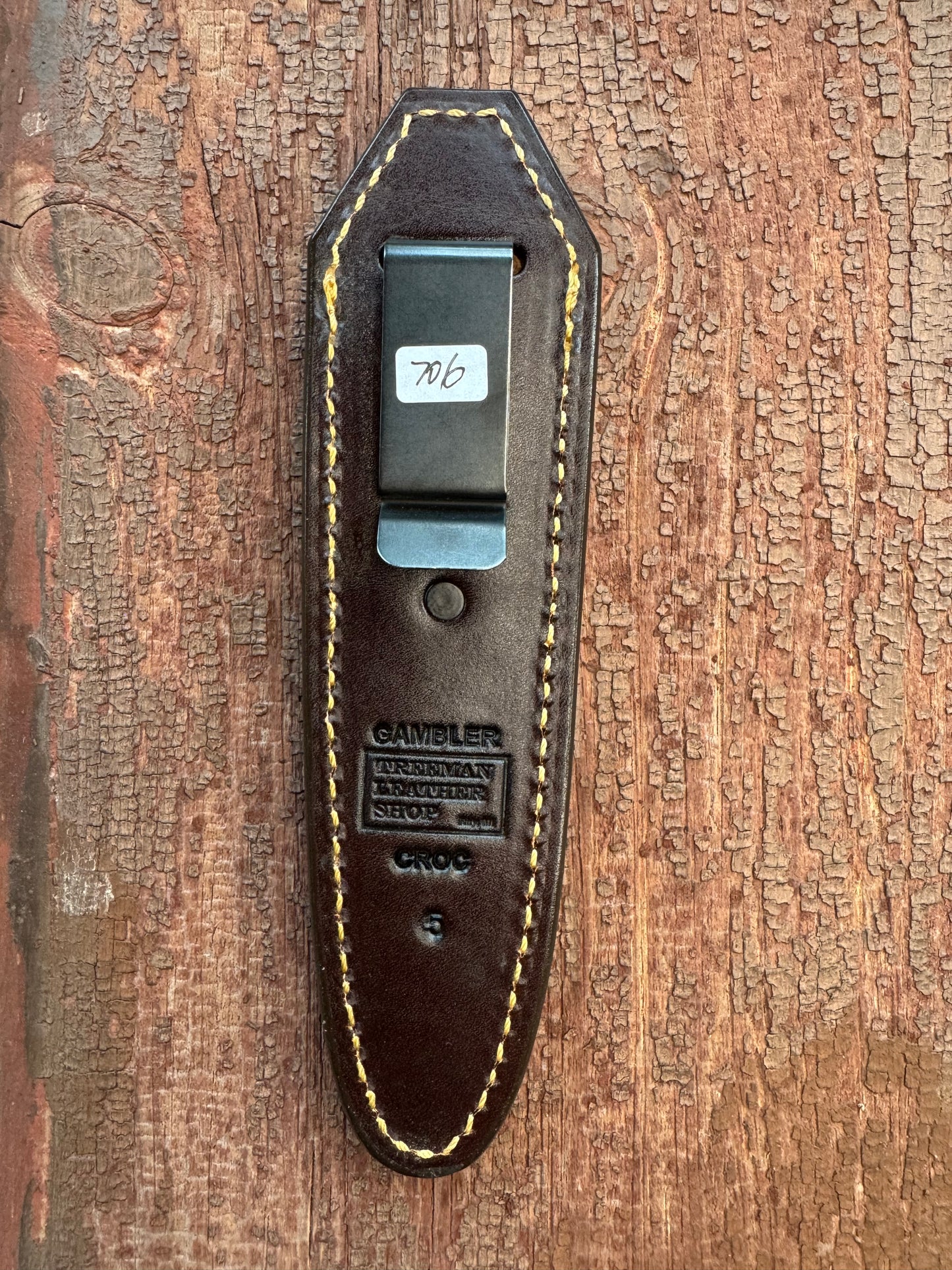 Randall Model “Gambler” 5 Inch Sheath in Exotic Rum Croc Hornback Crocodile by Treeman. (Sheath only)