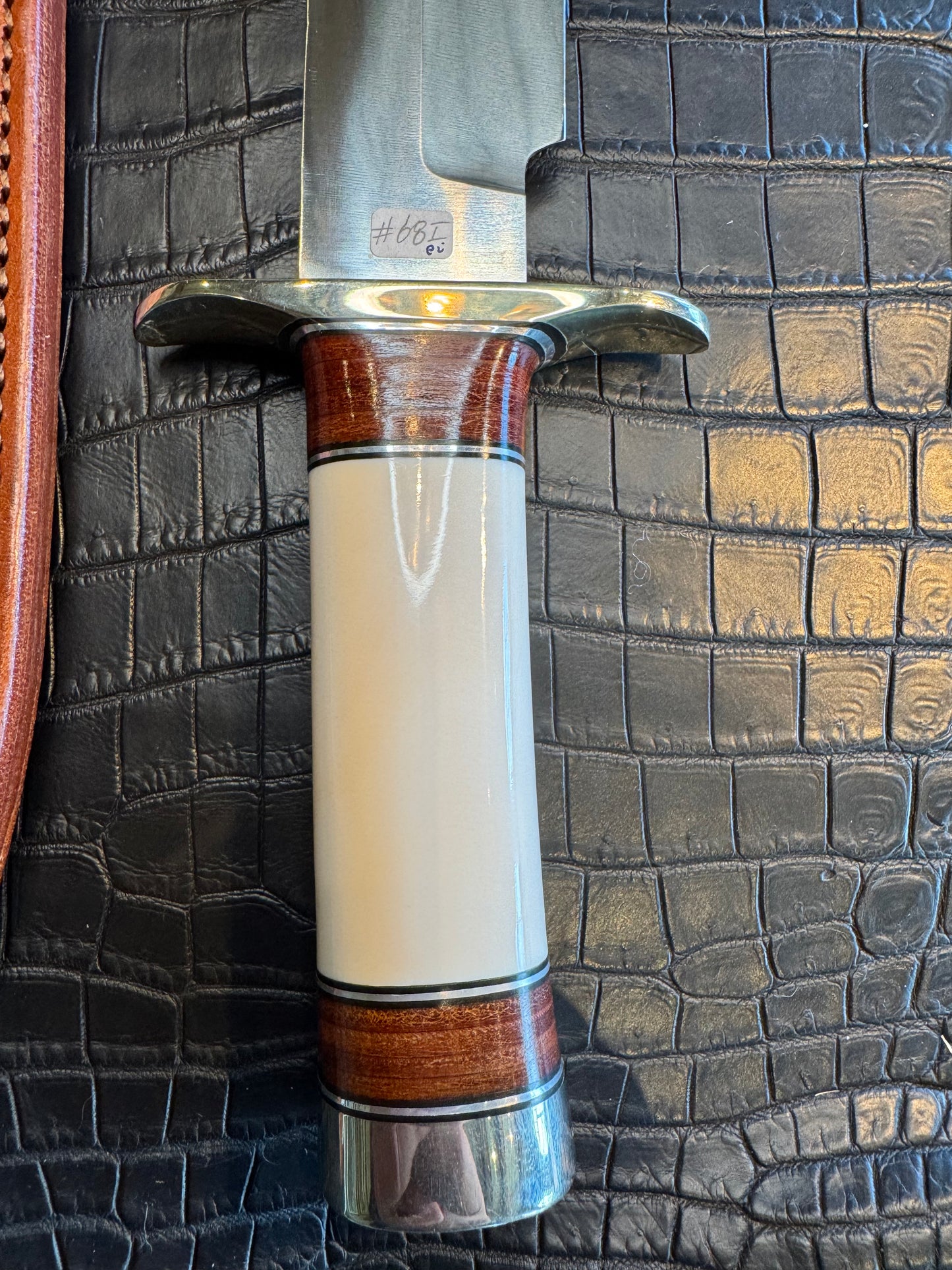 Randall Model 12/9-14 Grind Sportsman Bowie in Elephant Ivory with stacked Leather, Nickel Silver Hilt and Butt cap.