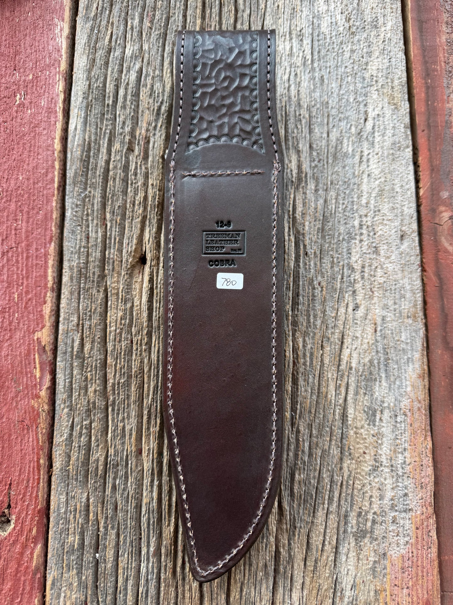 Randall Model 12-9 Bowie Sheath in Exotic Cobra with actual head by Treeman. White and Brown … my only 12-9.
