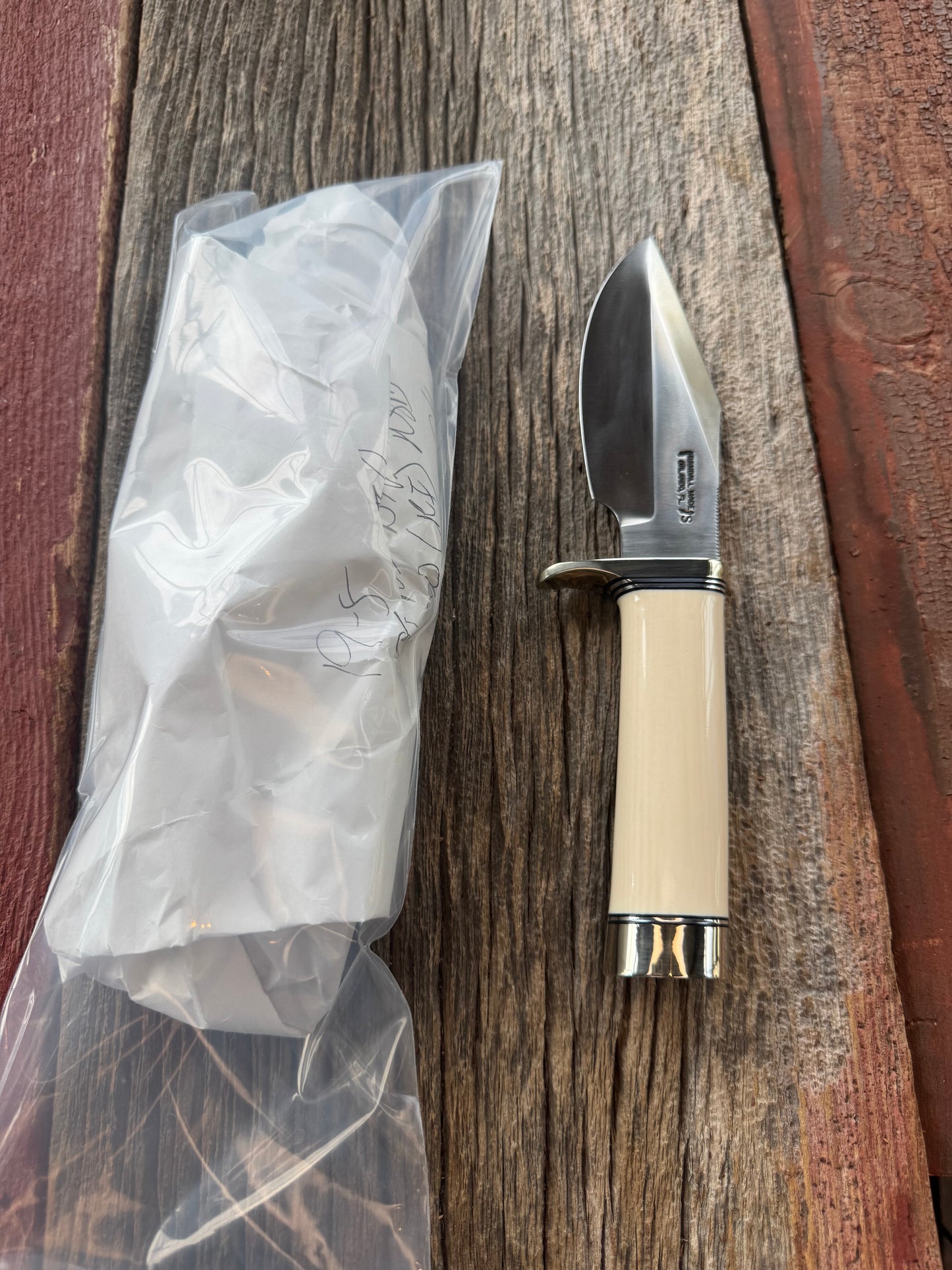 New in paper Randall Model 19-5 with a nice piece of customer supplied Dave Warthers Resin, Stainless Steel, Nickel Silver Hilt and Butt cap.