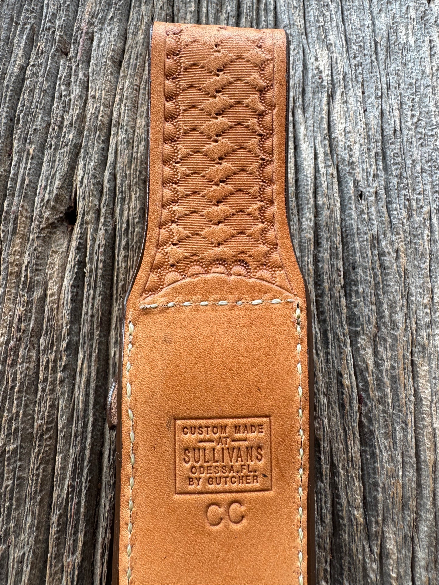 New Randall Model Combat Companion Sheath in Exotic Brown Natural Croc with full leather hand tooled belt loop. Custom Made at Sullivan’s by Gutcher.