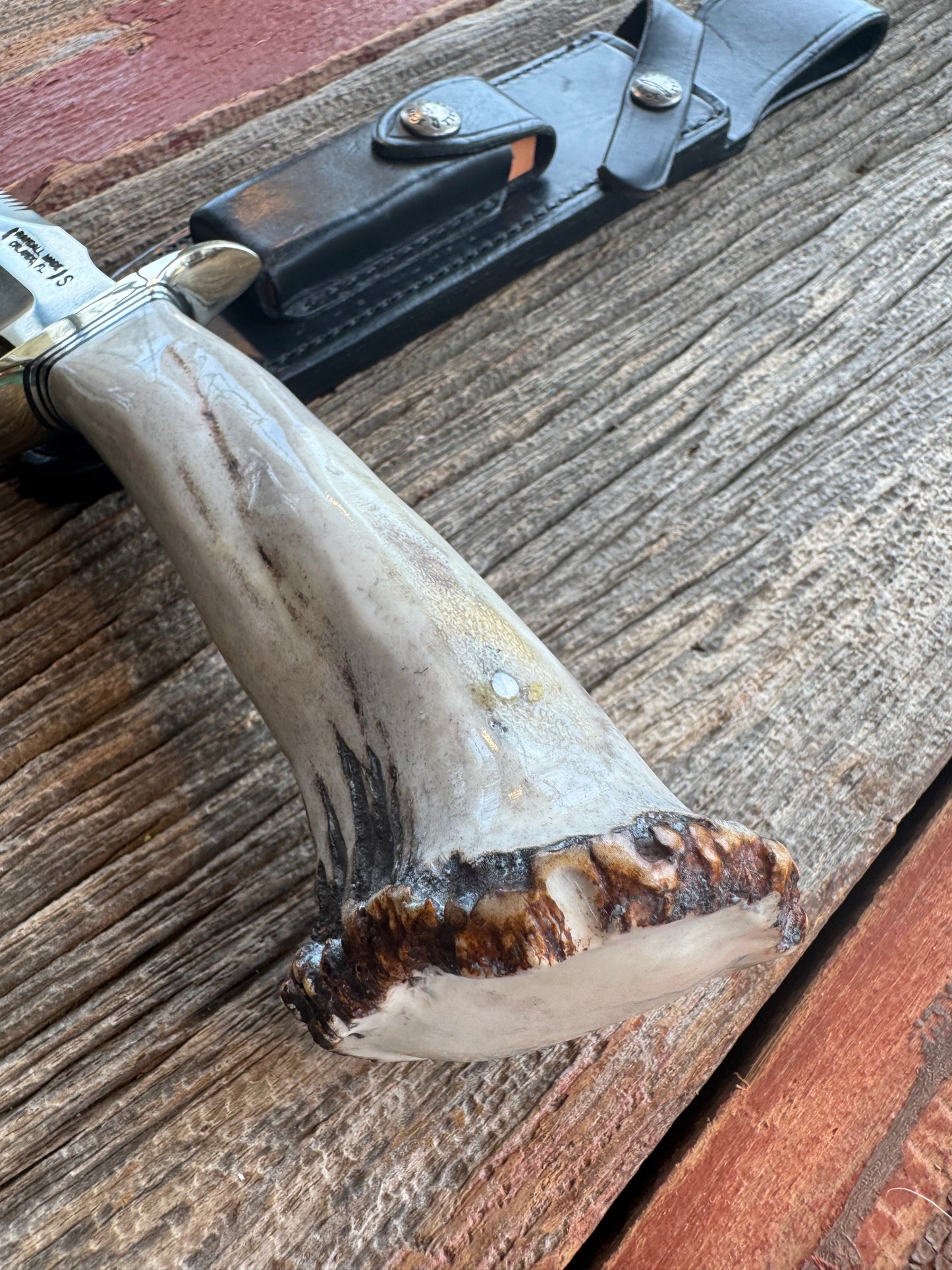 Randall Model 1-7 in a gorgeous piece of Polished Crown Stag. Nickel Silver Hilt, sawteeth and a natural exposed end, Stainless steel.
