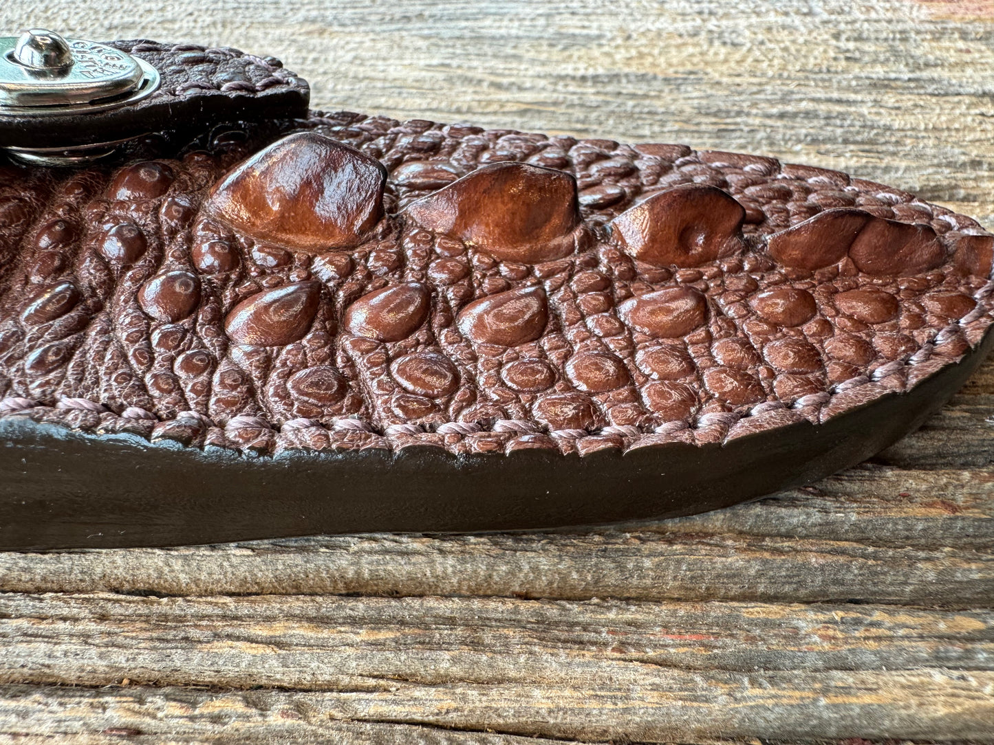 Randall Model 11-5 Sheath in Exotic Brown Snapping Turtle by Treeman. Spiked Dragon tail portion of the turtle.
