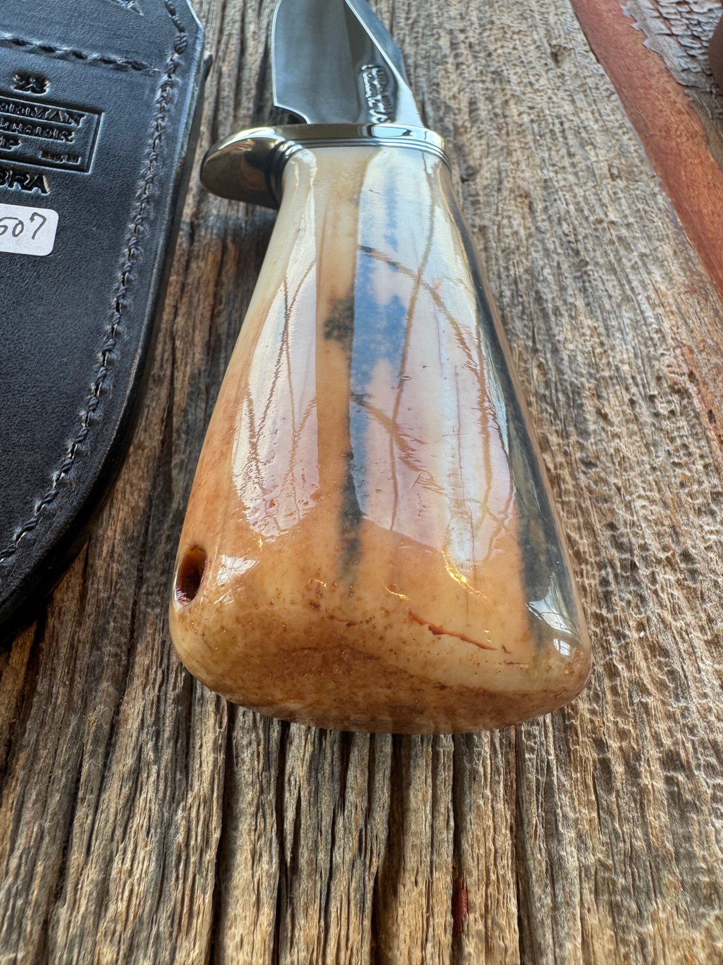 Randall Knife Model 23 Net Weight Artifact Fossil Walrus Handle. Stainless Steel, Natural end. Zebra Sheath.