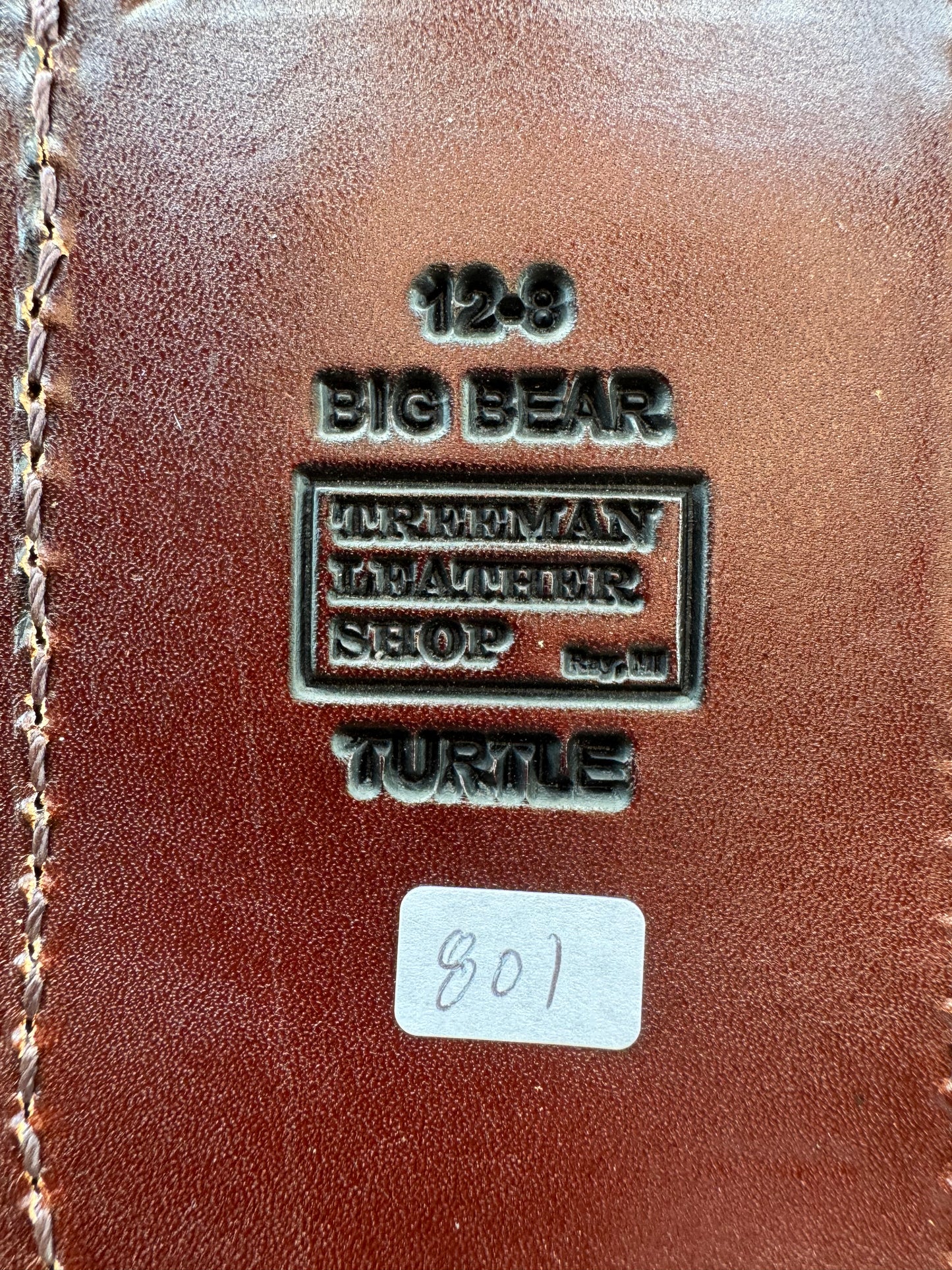 Randall Model 12-8 “Big Bear” Sheath in Exotic Dark Brown Snapping Turtle by Treeman. Spiked Dragon tail portion of the turtle.