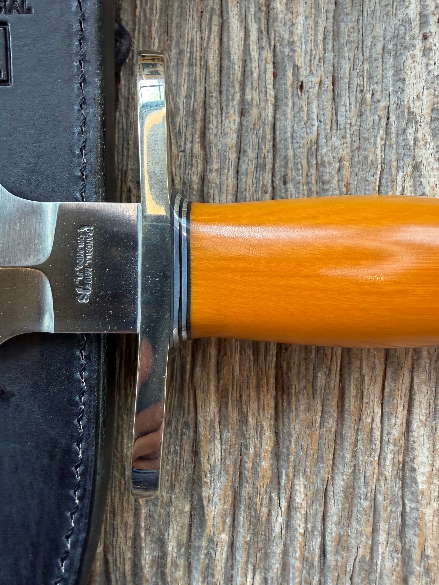 Randall Clinton Dealer Special Gold Micarta, Stainless Steel, Zebra Treeman Sheath, NSH and buttcap.